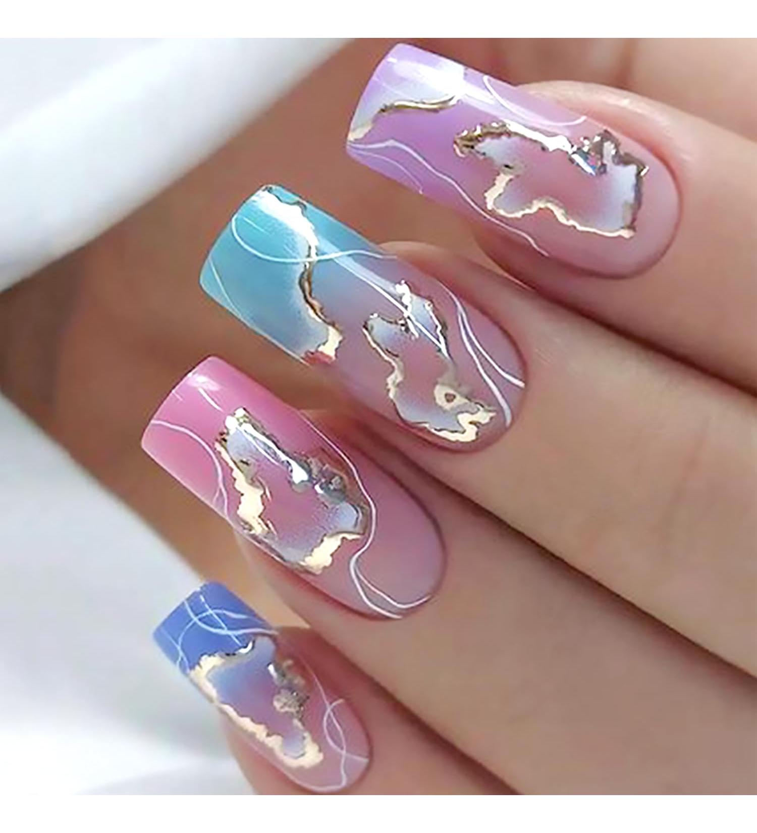 Colorful Press on Nails - 24Pcs Medium Length Glossy Fake Nails with Gold Foil & White Gradient | Reusable Acrylic Stick on Nails for Women - Buy Online on SooperMarket.com