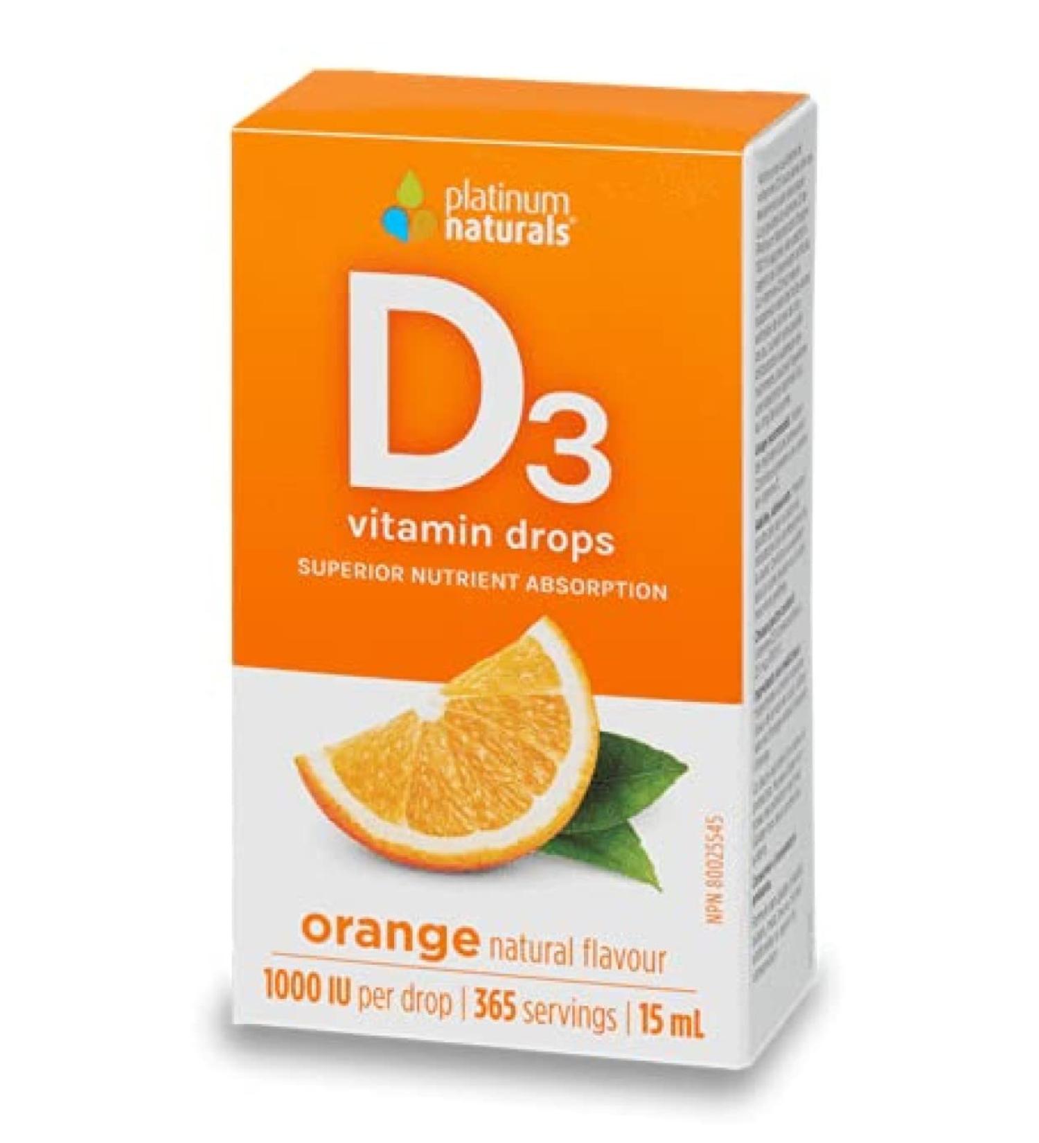 Platinum Naturals D3 Drops for Adults - Orange Flavored 15ml - High Potency Liquid Vitamin D Supplement 1000 IU per Drop - Supports Overall Wellness - Easy-to-Use Dropper - Buy Online on SooperMarket.com