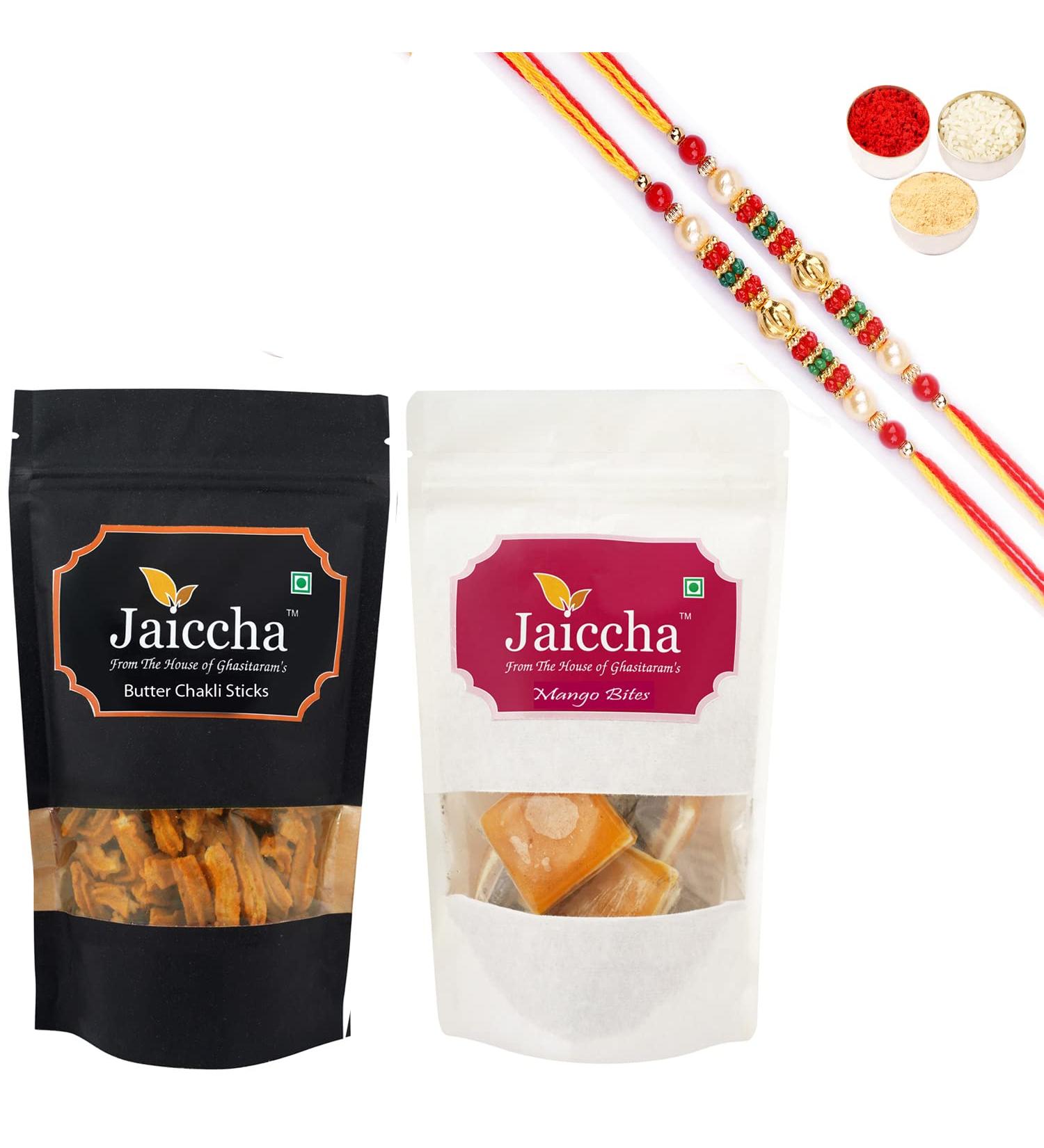 Ghasitaram Gifts Rakhi Gifts for Brothers Rakhi Sweets - Best of 2 Mango Bites 200 GMS and Butter Chakli Sticks 100 GMS Pouch with 2 Pearl Beads Rakhis - Buy Online on SooperMarket.com