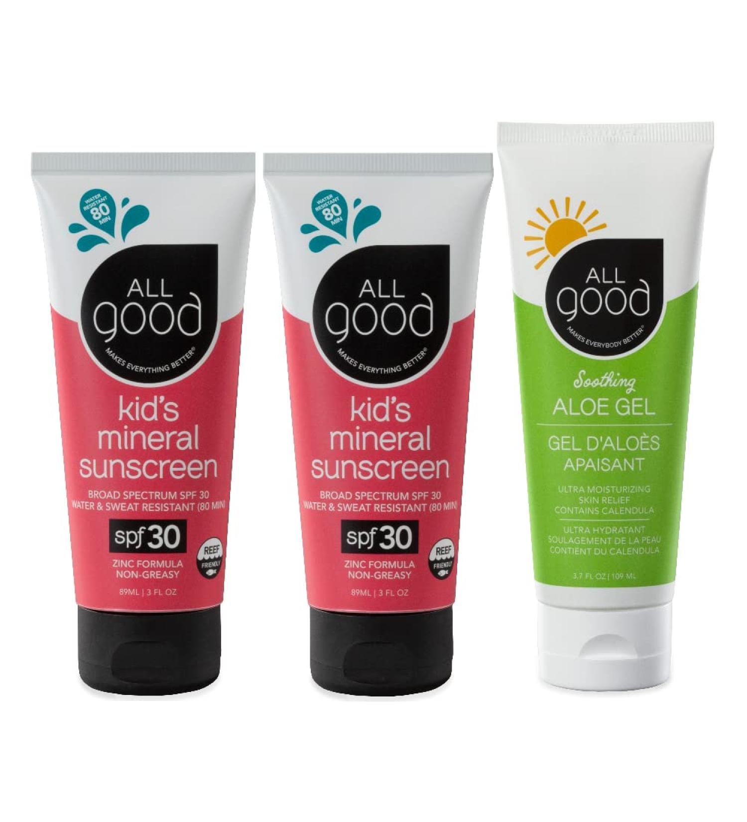 All Good Baby & Kids Sunscreen & Aloe Gel Bundle - SPF 30 Broad Spectrum UVA/UVB Protection with Zinc Oxide - Water Resistant - Includes 2 Kids Sunscreen Lotions and 1 Aloe Gel - Buy Online on SooperMarket.com
