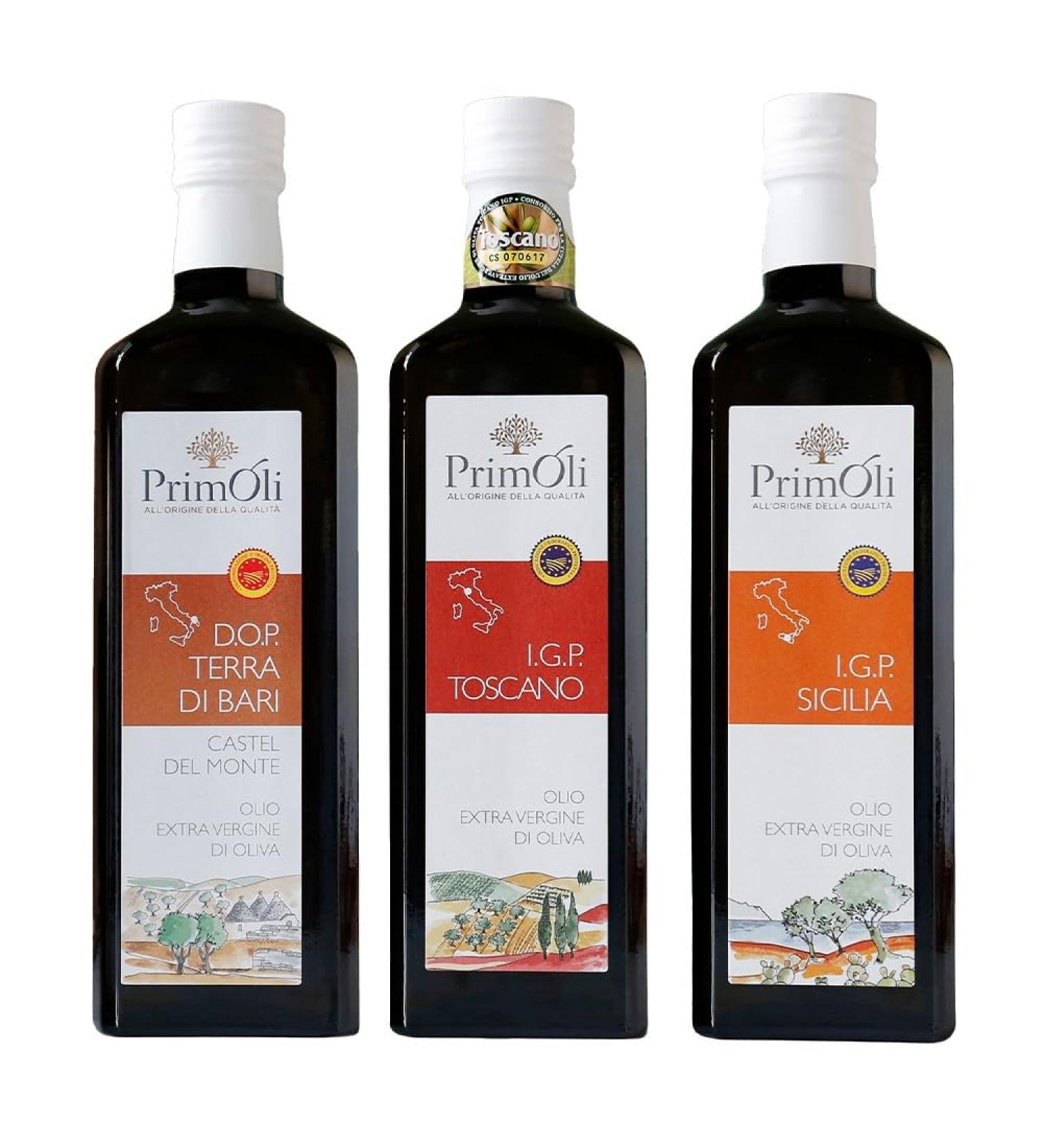 Primoli Cold-Pressed Olive Oil 3 Series Set - D.O.P. Terra di Bari I.G.P. Sicilia & I.G.P. Toscano - Extra Virgin Olive Oil from Italy - Fruity & Traditional - 3x500ml Tasting Set - Buy Online on SooperMarket.com