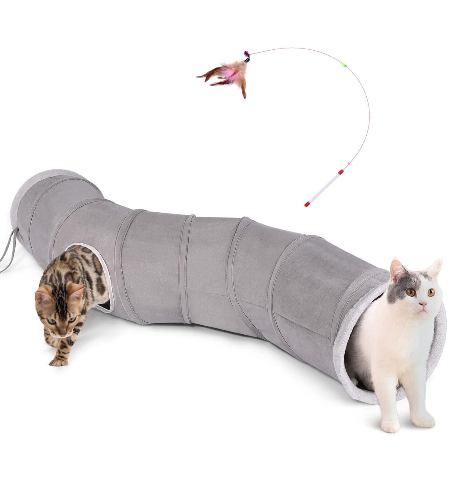 Ownpets 48 Inch S-Shape Collapsible Cat Tunnel with Feather Wand - Interactive Pet Toy for Cats, Kittens, and Small Pets - Buy Online on SooperMarket.com