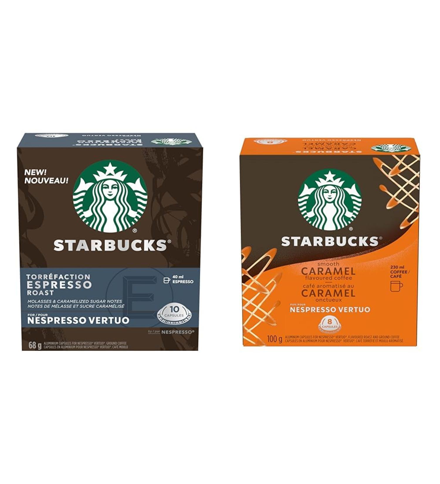 Starbucks By Nespresso Espresso Roast Coffee Pods & Smooth Caramel For NESPRESSO VERTUO Flavoured Blonde Roast Notes of Buttery Caramel and Vanilla NESPRESSO Coffee Capsules 8 ct Coffee + Blonde Roast - Buy Online on SooperMarket.com