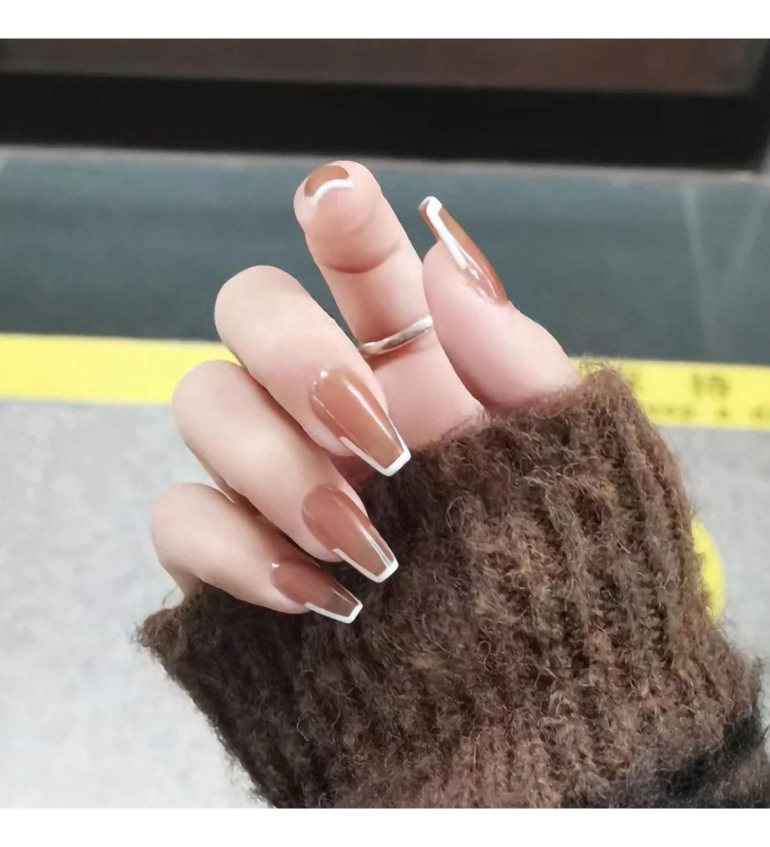 24PCS Shiny Medium Ballerina Press-On Nails - Full Cover French Nail Art for Women & Girls | Stylish White Edge Design - Buy Online on SooperMarket.com