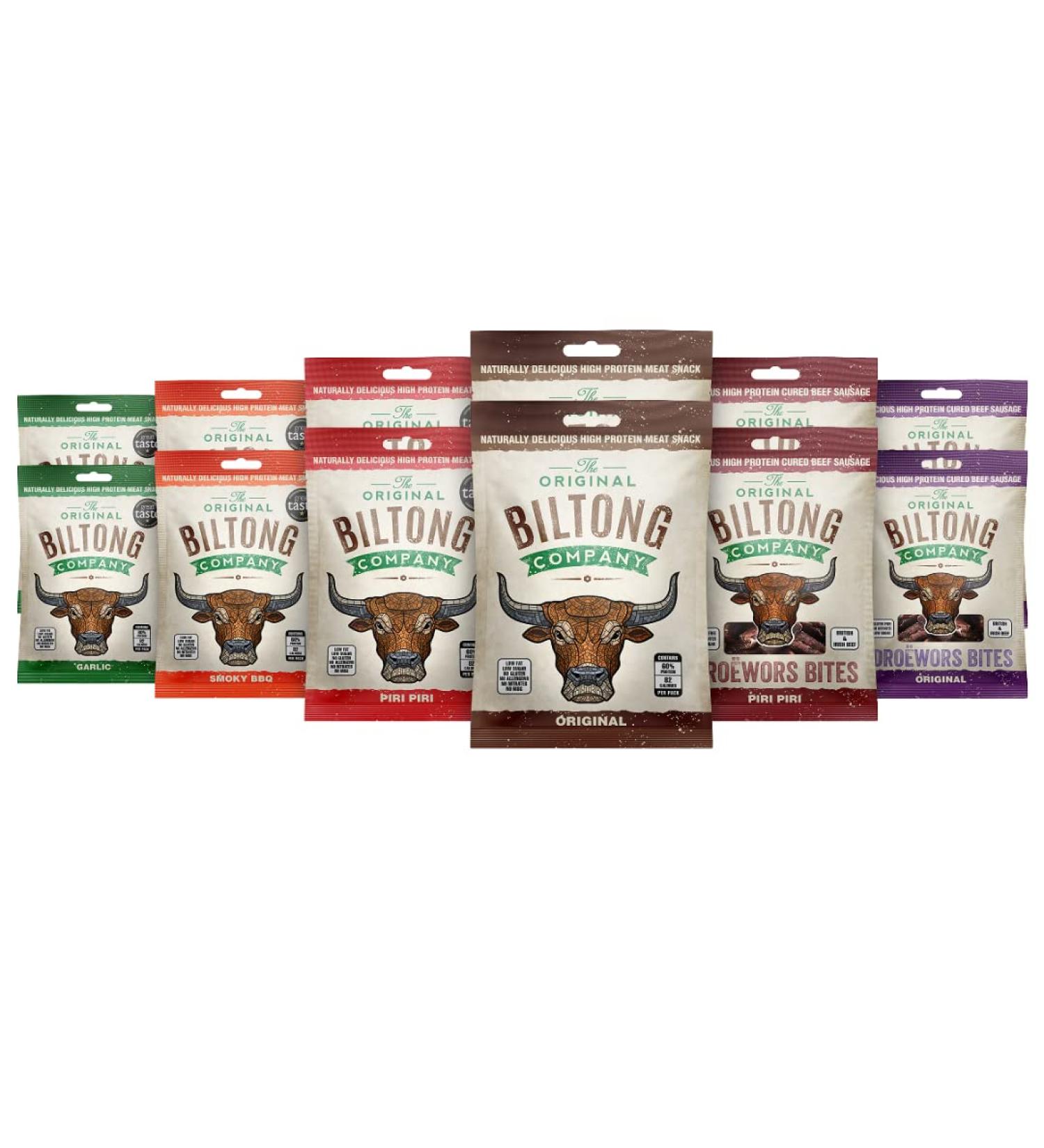 Biltong Taste Box: Original, Smoky BBQ, Piri Piri & Garlic - High Protein, Low Fat Savoury Snack (12 x 30g) - Gluten & Nitrate Free - Buy Online on SooperMarket.com