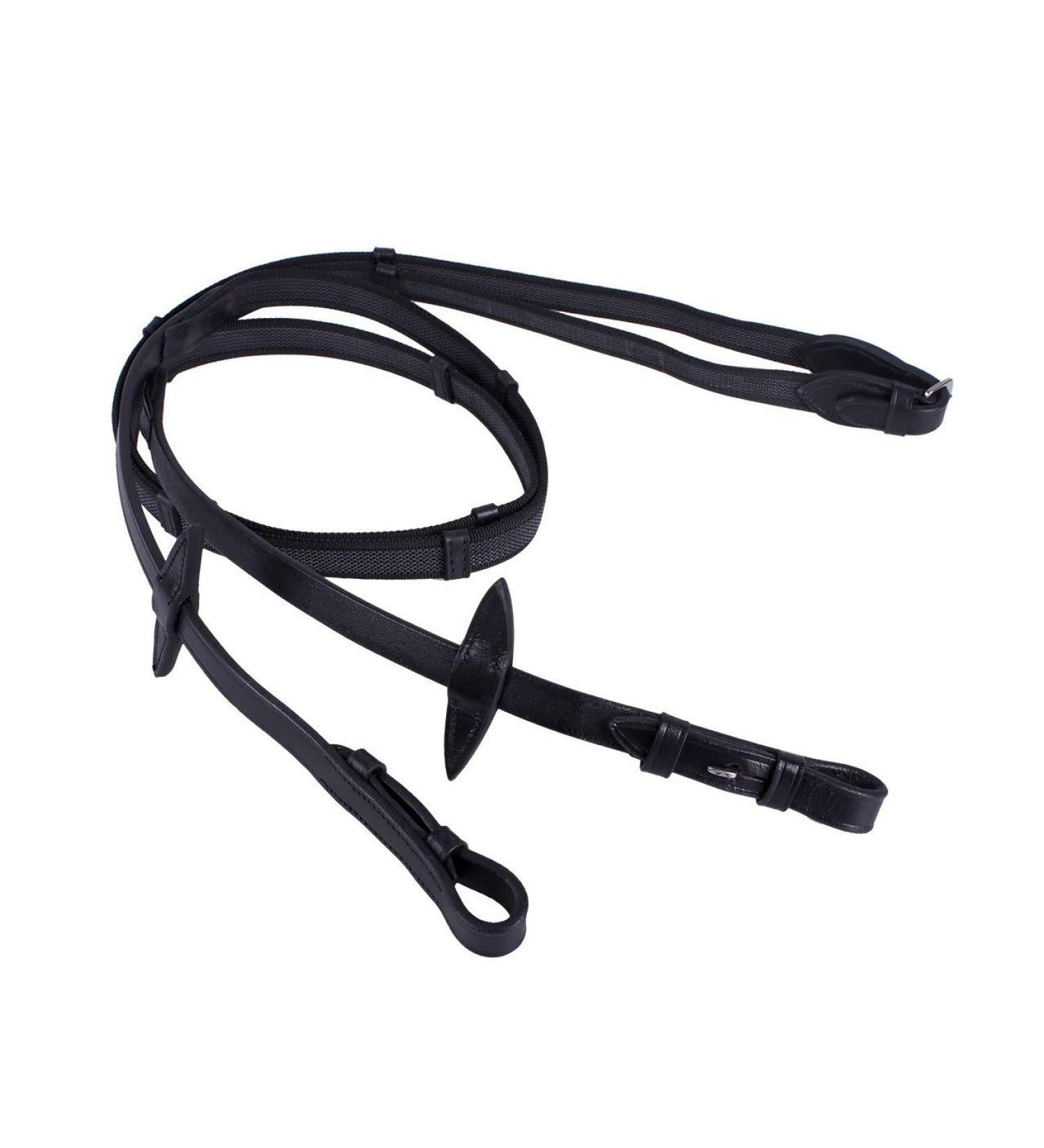 QHP anti-slip reins with leather straps black Shetland EU