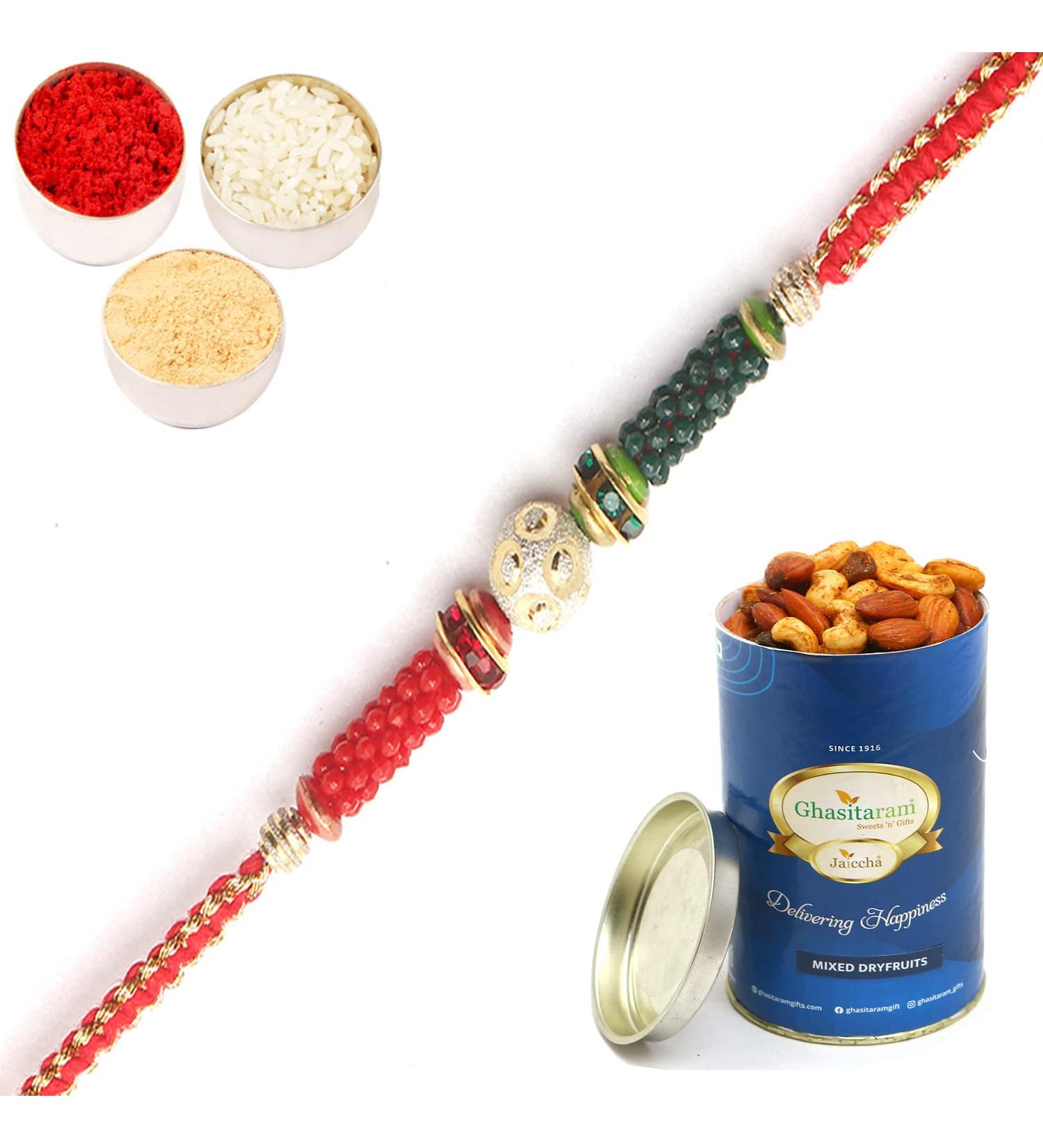 Ghasitaram Gifts Rakhi for Brother Rakhis Online- 4211 Fancy Thread Rakhi with 100 GMS of Dryfruits Mix Can Rakhi Set with 100 gms of Dryfruits Mix Can - Buy Online on SooperMarket.com