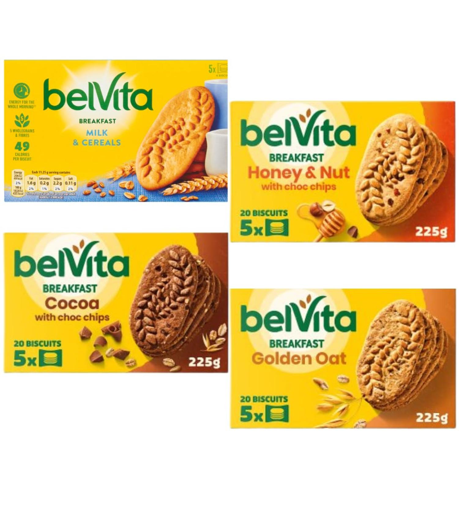 Breakfast Biscuits Bundle With BelVita Breakfast Biscuits Golden Oats 5x45g Cocoa with Choc Chips 5x45g Honey & Nuts with Choc Chips 5x45g and Milk & Cereals 5x45g (4 Pack) - Buy Online on SooperMarket.com