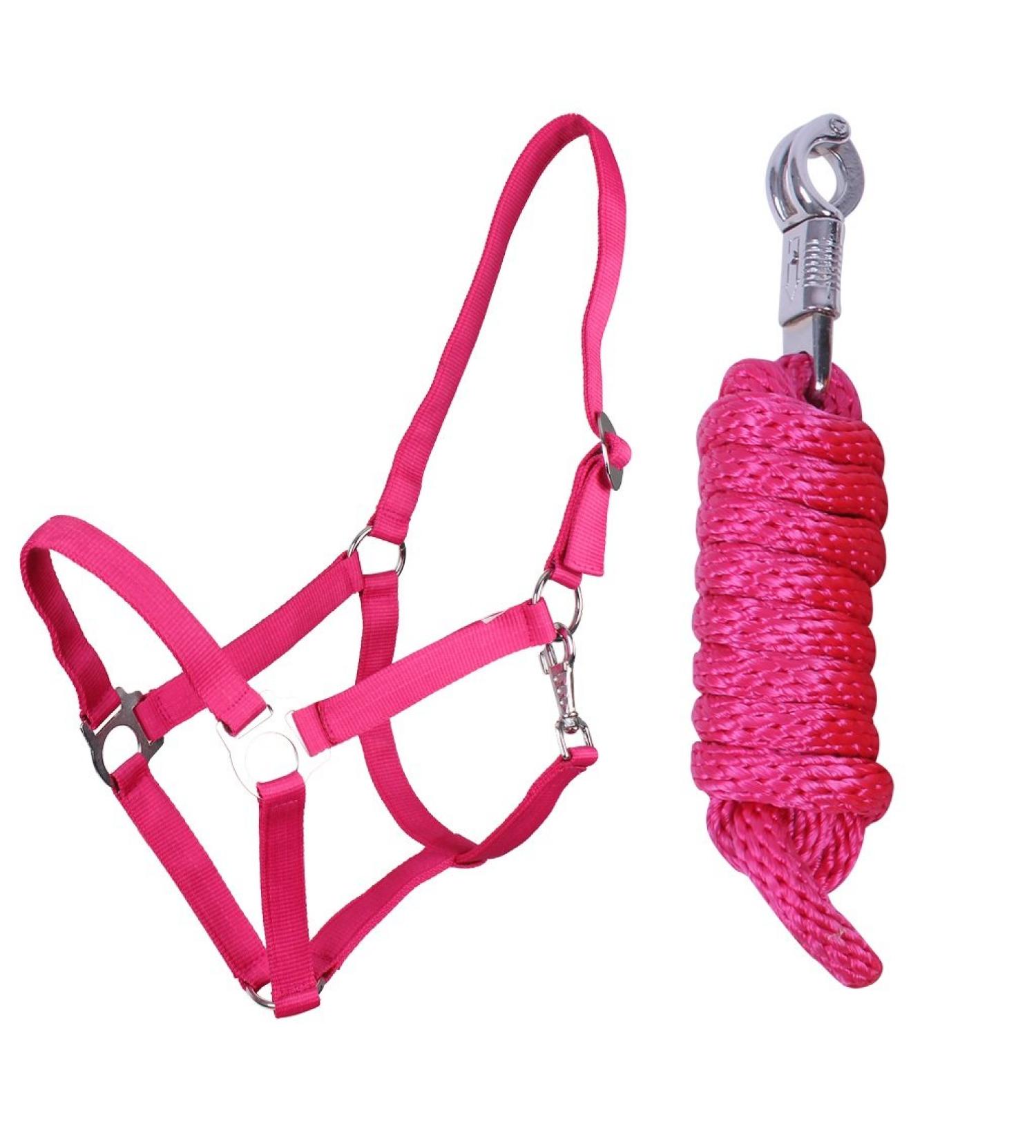 QHP Halter Set Beginner II Halter + Lead Rope with Panic Hook Adjustable (Warmblood Fuchsia) Warmblood Fuchsia