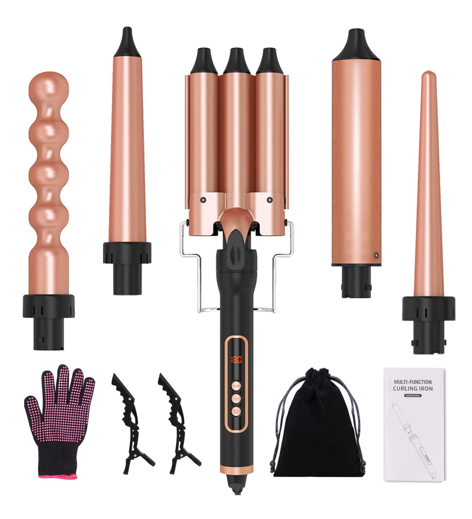 5 in 1 Hair Curling Iron Set - Interchangeable Wands Fast Heat Up Adjustable Temp Includes Gloves & Clips - Perfect Curly Hairstyle - Buy Online on SooperMarket.com