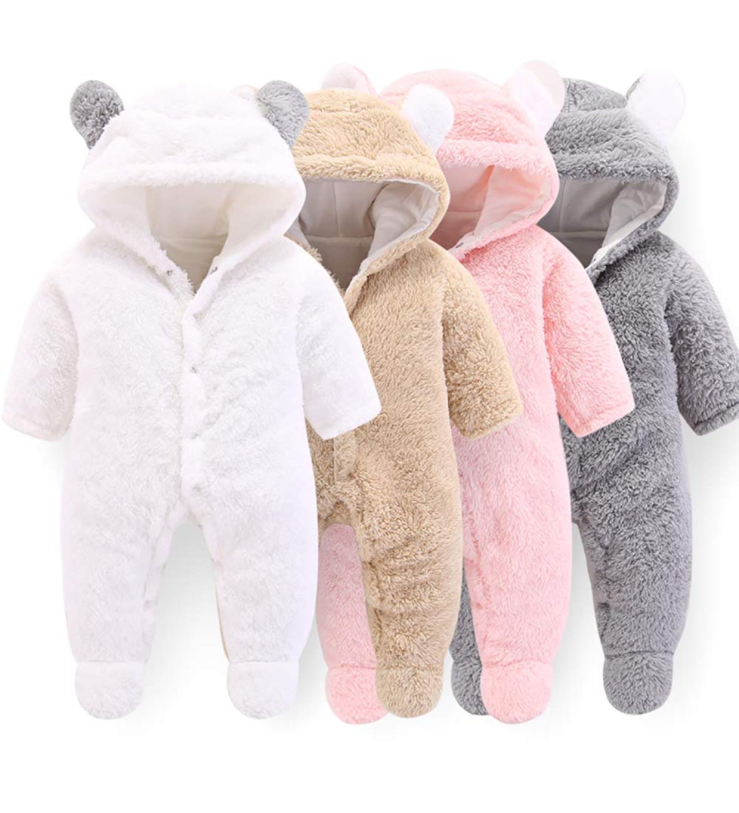 Newborn Baby Cartoon Bear Snowsuit Winter Coat | Fleece Hooded Romper Jumpsuit 0-3 Months White - Buy Online on SooperMarket.com