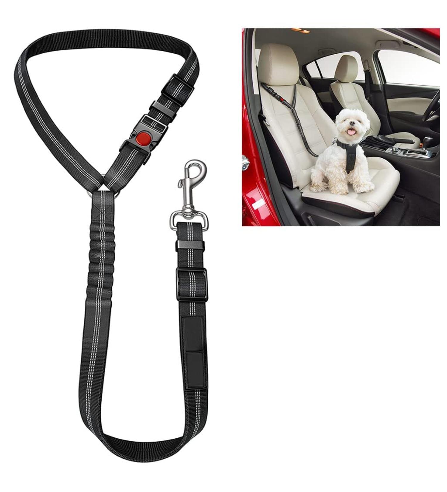 Comfortable Dog Seat Belt Harness for Car - 2-in-1 Leash & Restraint | Strong, Durable, & Reflective | Adjustable Bungee & 360 Swivel Attachment | Easy-to-Use Black Design - Buy Online on SooperMarket.com