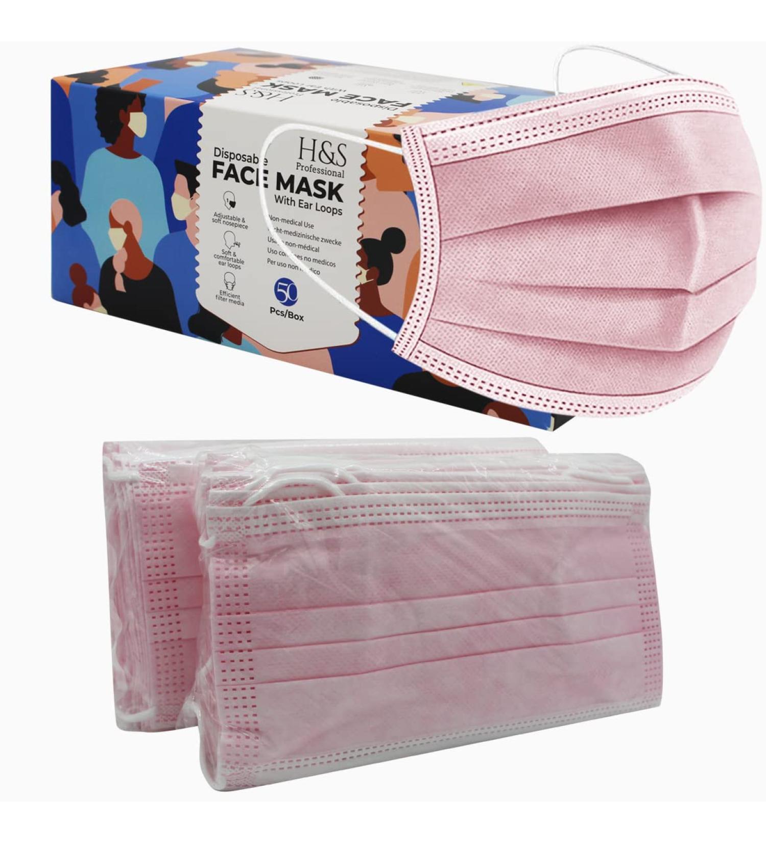 50PCS Pink Disposable Face Masks - 3-Ply Earloop, Breathable Non-Woven Mouth Cover - Buy Online on SooperMarket.com