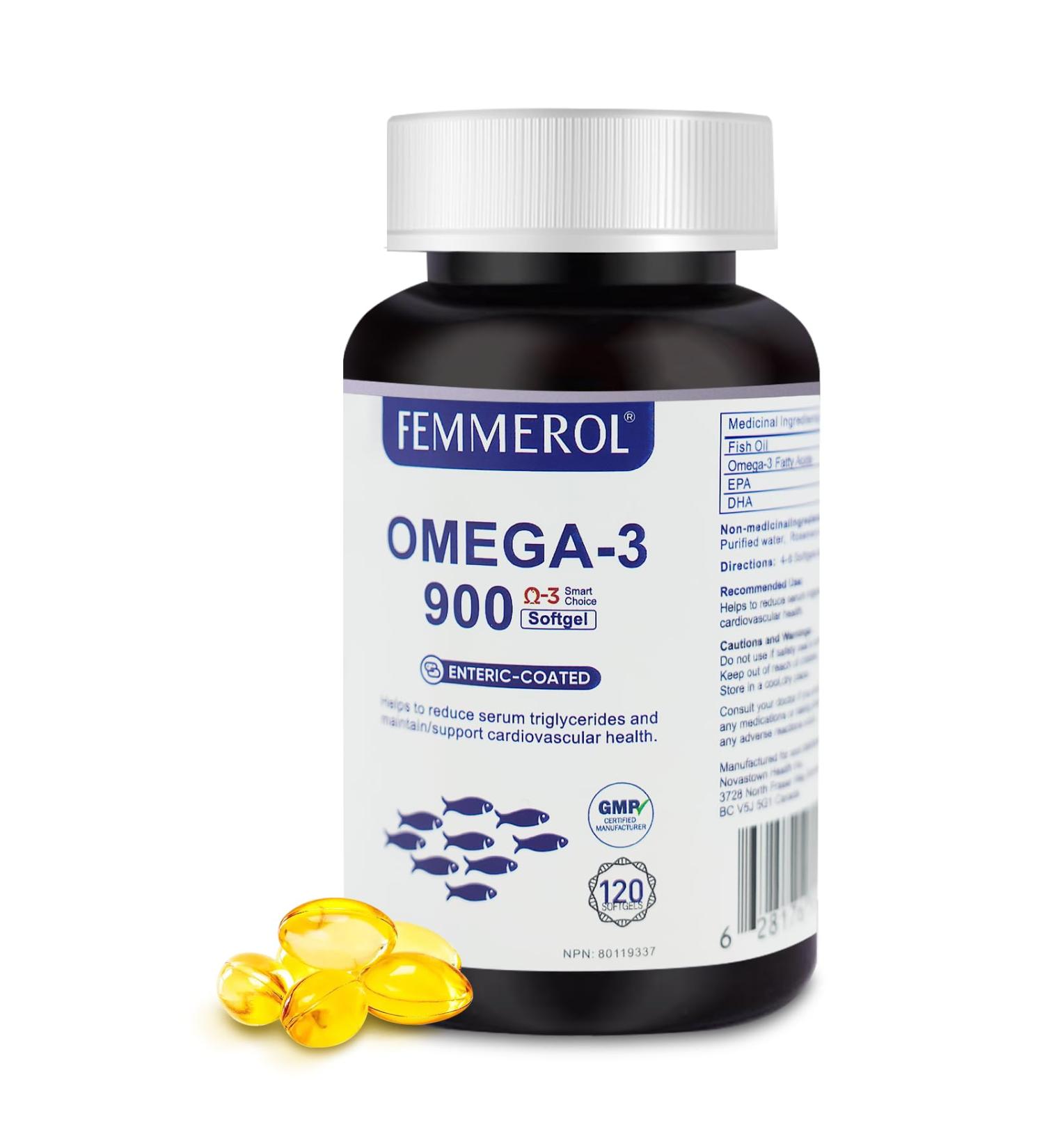 FEMMEROL Omega 3 Fish Oil 120 Capsules 2000mg Per Serving - Enteric Coated Deep Sea Fish Oil Supplements with 1800mg EPA and DHA for Healthy Brain Heart and Cardiovascular - 90% Purity - NON GMO - Buy Online on SooperMarket.com
