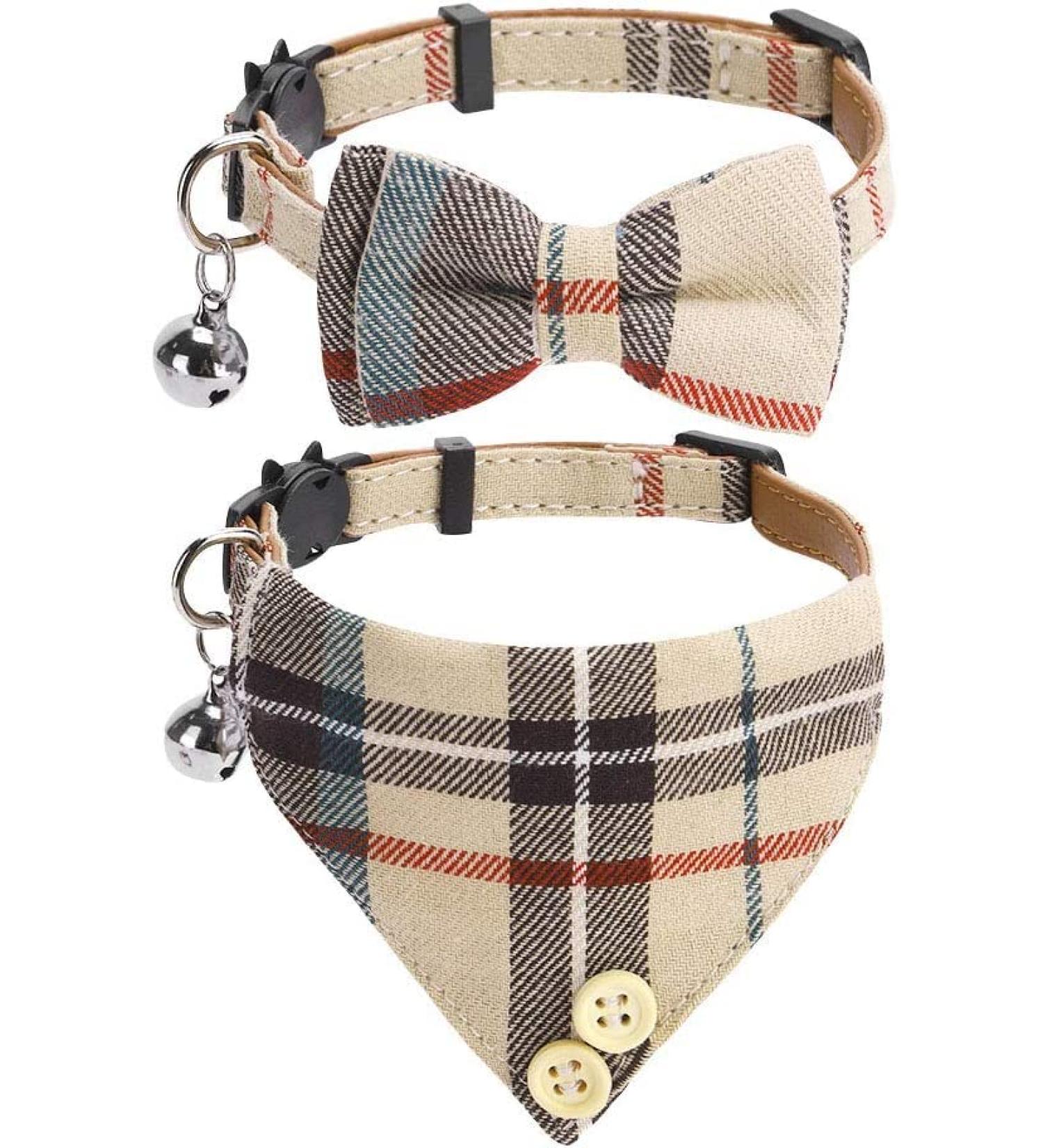 Classic Plaid Bow Tie Cat Collar with Bell - 2 Pack Adjustable Collars for Cats and Small Dogs - Beige Plaid Design - Buy Online on SooperMarket.com