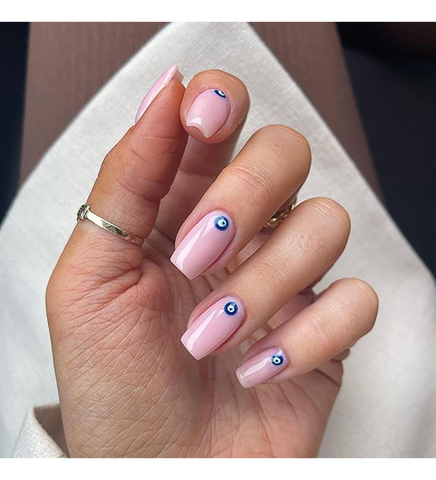 24 Pcs Glossy Press on Coffin Nails for Women - Pink Eye False Nail Set with Glue - Buy Online on SooperMarket.com