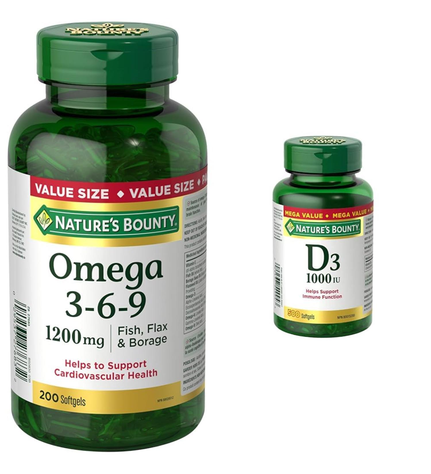Nature's Bounty Omega 3 6 9 Fish Oil 1200mg Pills Supplement & Vitamin D3 Pills and Supplement Helps Support Immune Function 1000iu 500 Softgels Supplement + Vitamin D3 Pills - Buy Online on SooperMarket.com