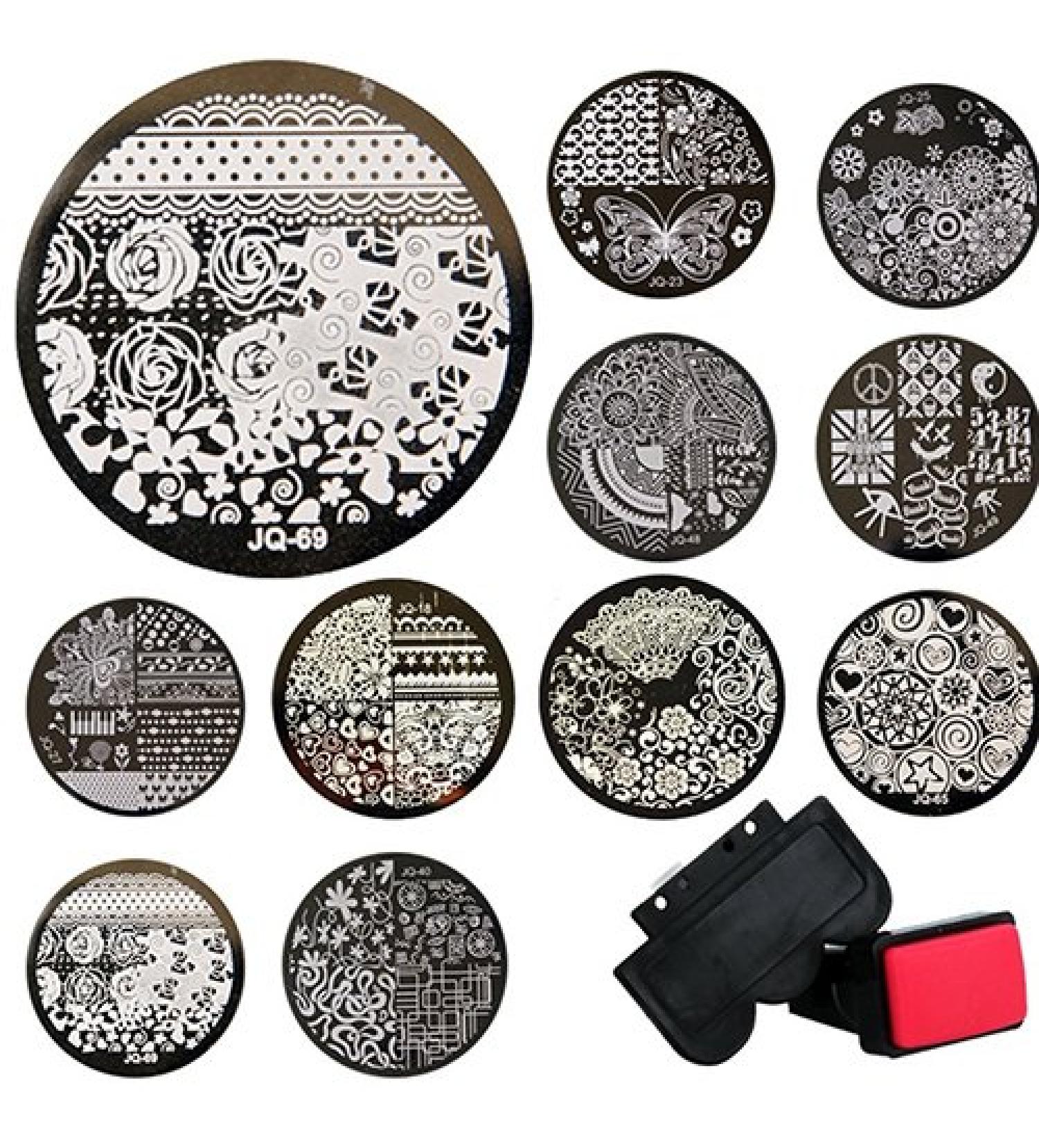 Bodhi2000 10 Pcs Nail Art Templates + 1 Stamper + 1 Scraper Stamping Kits Round Metal Plates DIY Nail Tools Random Patterns - Buy Online on SooperMarket.com