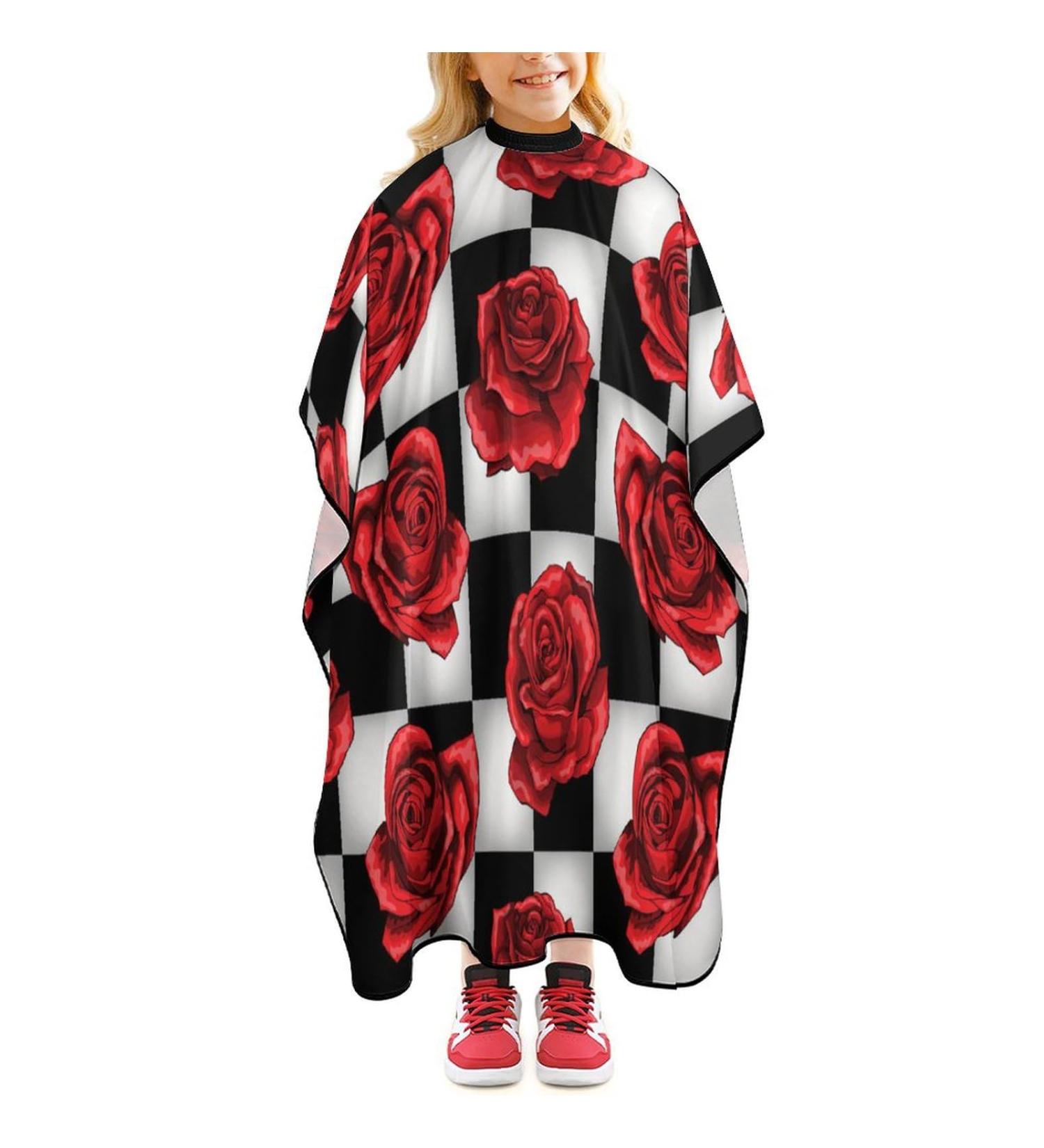 Red Roses Black White Plaid Barber Cape - Professional Hair Cutting Apron for Kids - Buy Online on SooperMarket.com