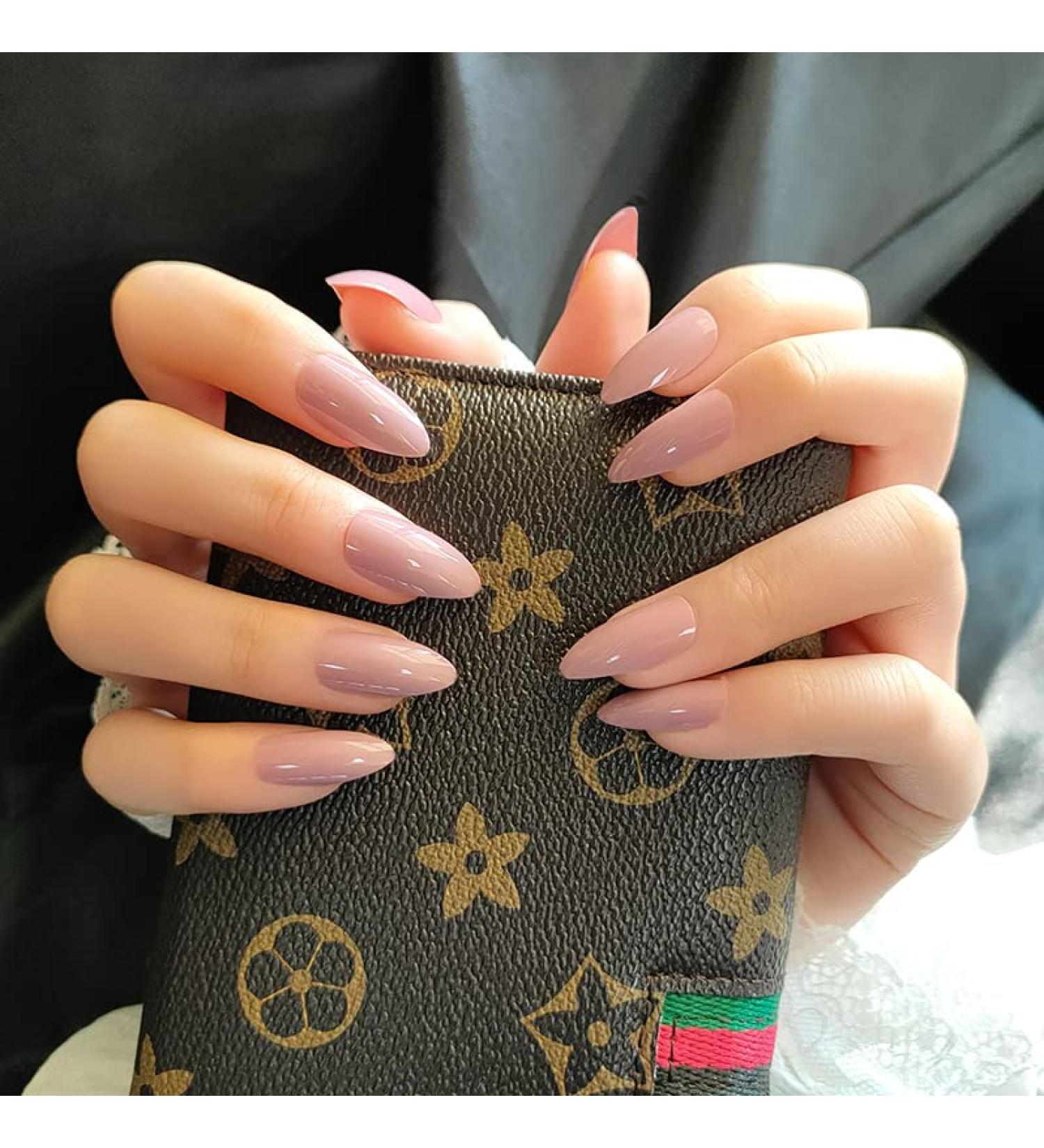 JUSTOTRY 24 Pcs Glossy Solid Short False Nails Stiletto Peach Pink French Press on Nails Pattern Fake Nails Short with Nail Glue Almond Medium Stick on Nails for Women Nails Fake Nail for Nails Art peach&solid 1