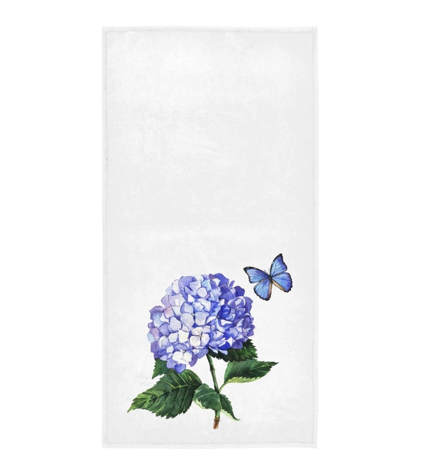 Blue Hydrangea Butterfly Hand Towels - 16x30 Spring Summer Watercolor Floral Towel for Bathroom, Kitchen, Gym, and Spa - Buy Online on SooperMarket.com