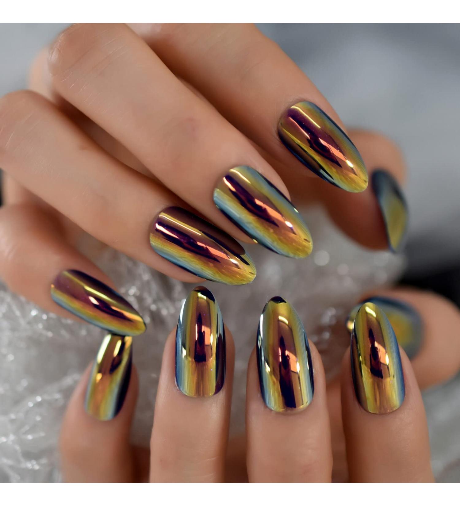 Punk Style Magic Gold Fake Nails - Long Metallic Mirror Almond Press On False Nails - Reusable DIY Nails Art Tips - iMABC L6301 - Buy Online on SooperMarket.com