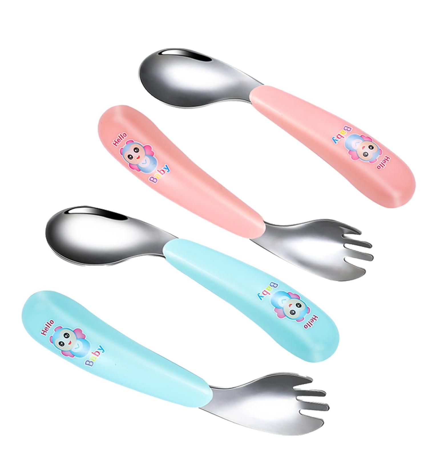 4PC Baby Cutlery Set - Stainless Steel Curved Spoons & Forks for Toddlers - Self-Feeding Baby Utensils in Blue & Pink - Buy Online on SooperMarket.com