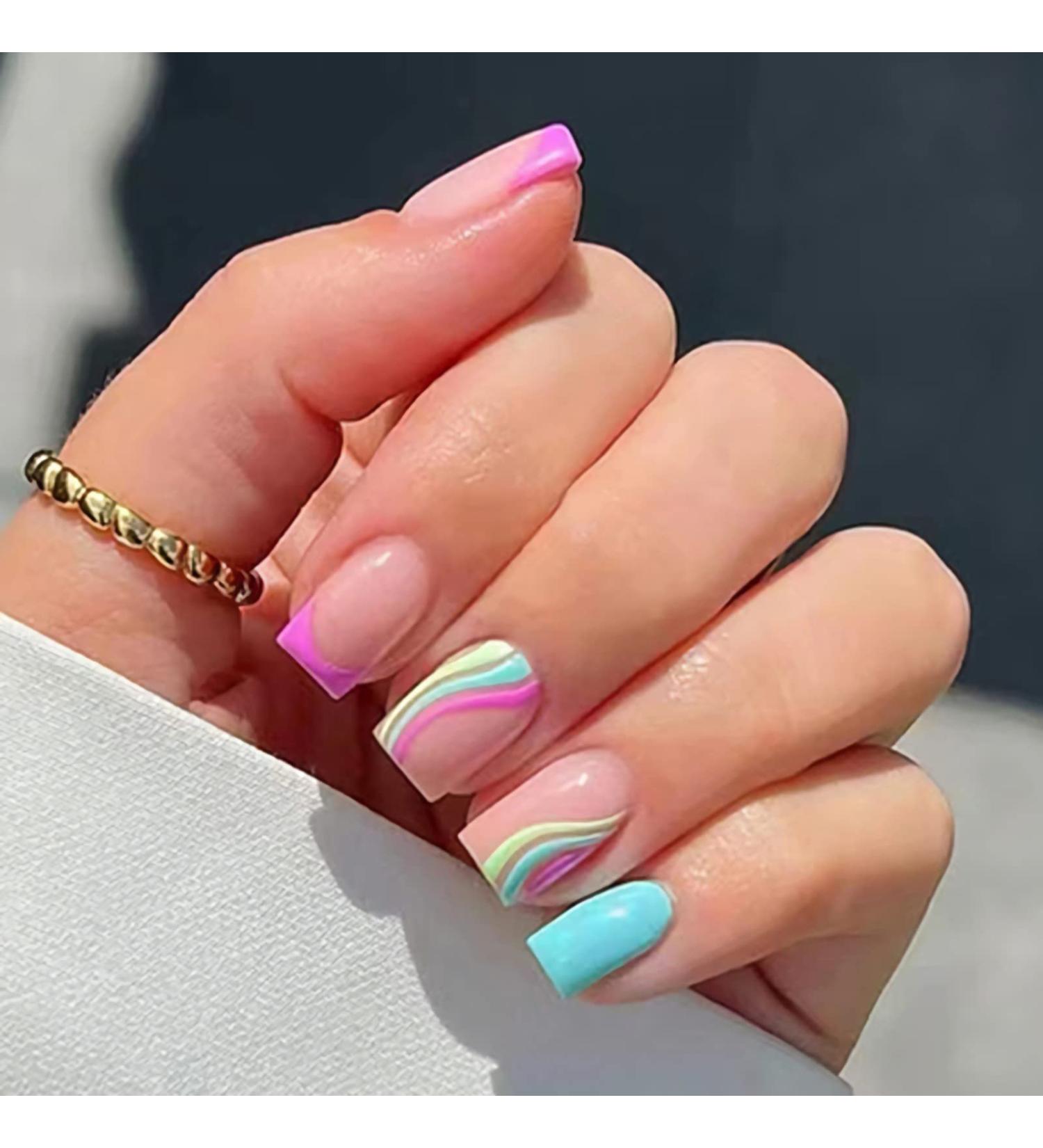 Colorful Waves French Tip Press on Nails - Glossy Blue & Pink Swirl Design | 24Pcs - Buy Online on SooperMarket.com