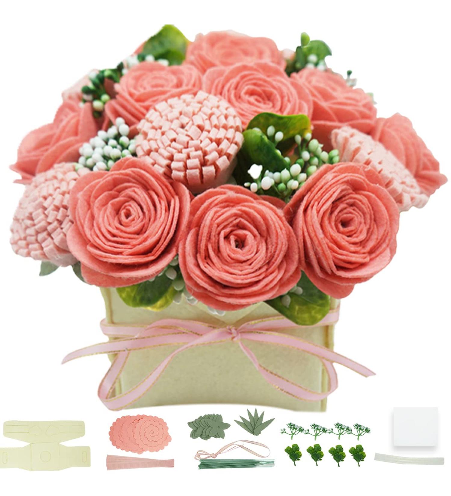 DIY Felt Flower Art Craft Kit - Pink Rose and Carnation Bouquet | Beginner Floral Gift Kit with Pre-Cut Felt Flowers - Buy Online on SooperMarket.com