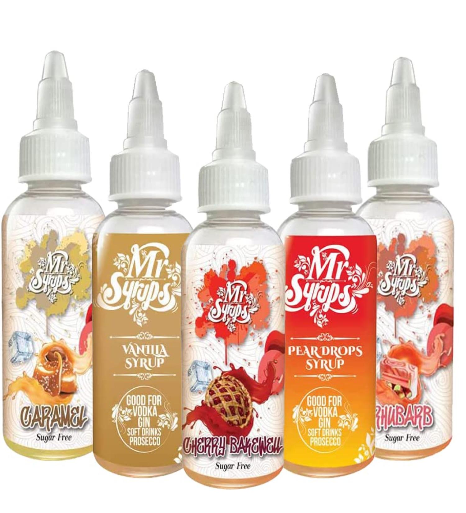 Mr Syrups Caramel Vanilla Cherry Bakewell Pear Drops Rhubarb Combo Pack of 5 Flavoured Syrup - 60ml Bottle Flavoured Sugar Free syrup for Coffee Cocktails Mocktails Iced Tea Milkshakes & Baking - Buy Online on SooperMarket.com