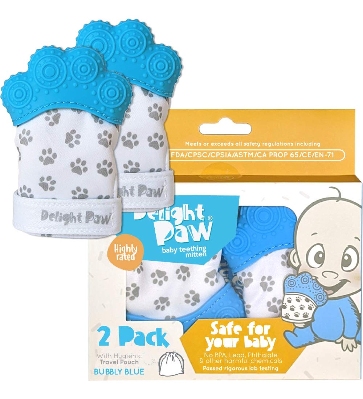 Delight Paw Baby Teething Mitten | Self-Soothing Pain Relief for Babies Over 3 Months | BPA-Free | Mom Designed | Includes Hygienic Travel Bag | 2 Pack Bubbly Blue - Buy Online on SooperMarket.com