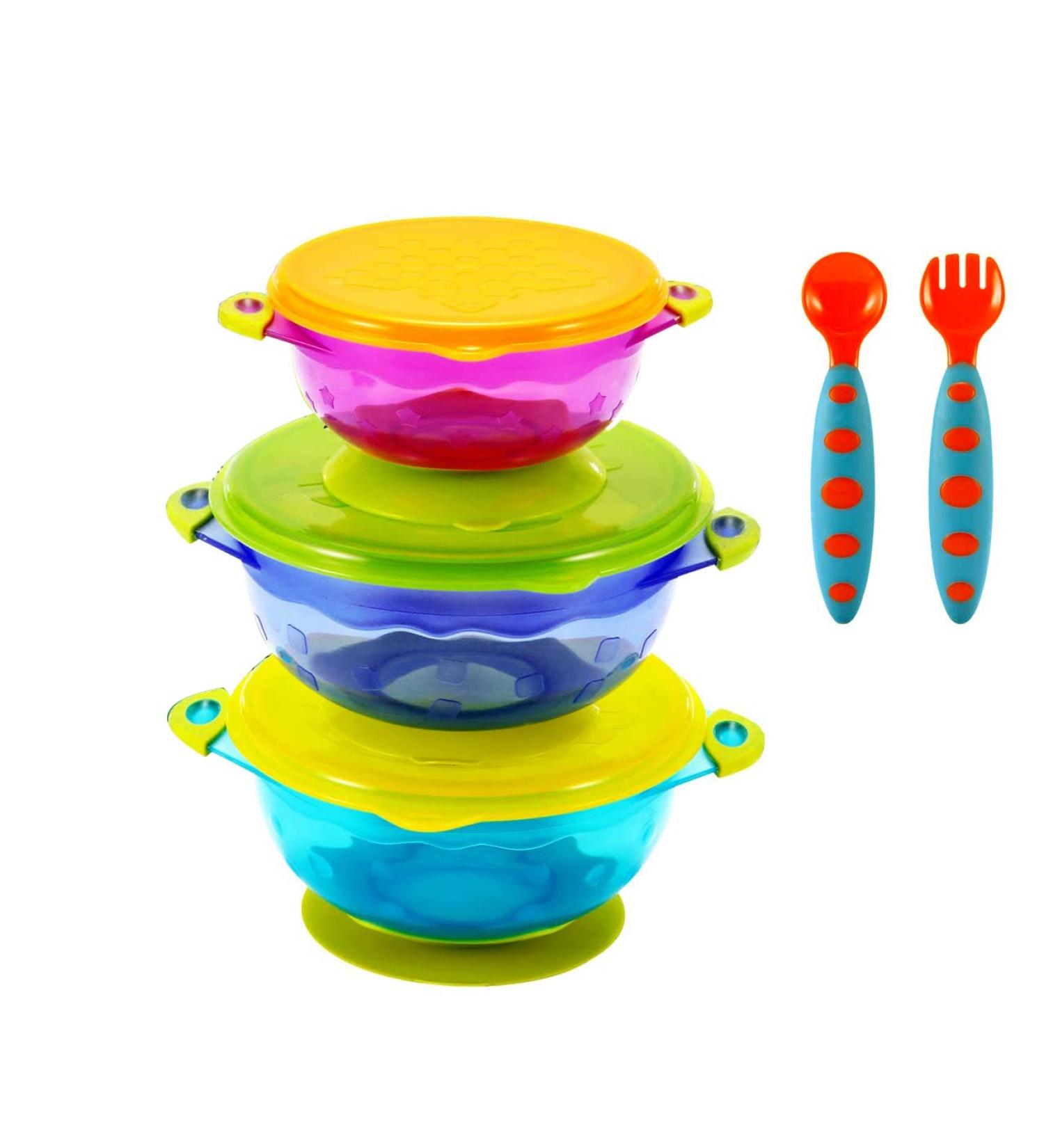 PandaEar Stay Put Spill Proof Baby Suction Bowls Set - BPA Free with Silicone Utensils and Secure Lids - Buy Online on SooperMarket.com