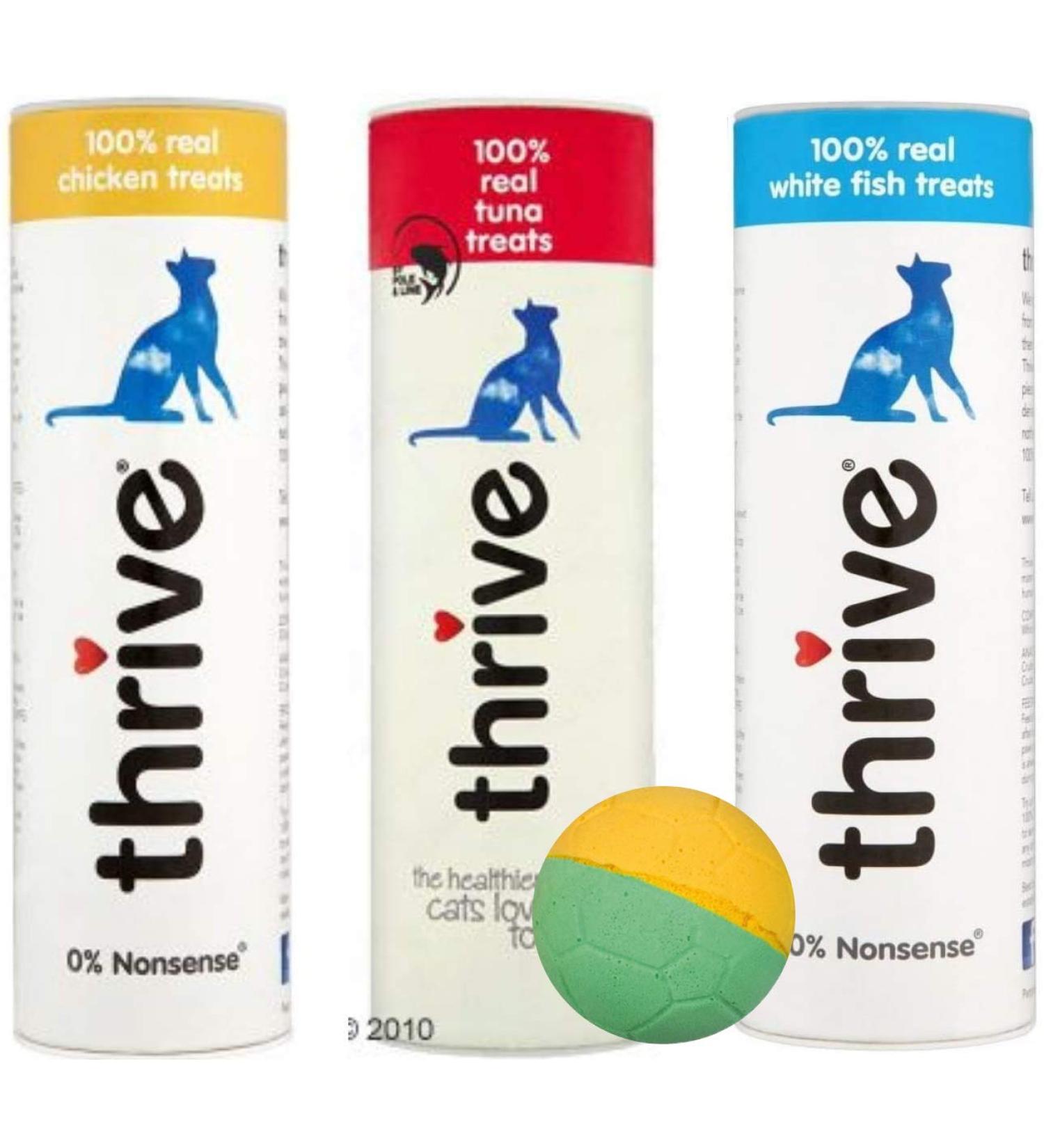 thrive 100% Real Cat Treats - Pack of 3 (Tuna and Chicken and White Fish) and free toy ball - Buy Online on SooperMarket.com