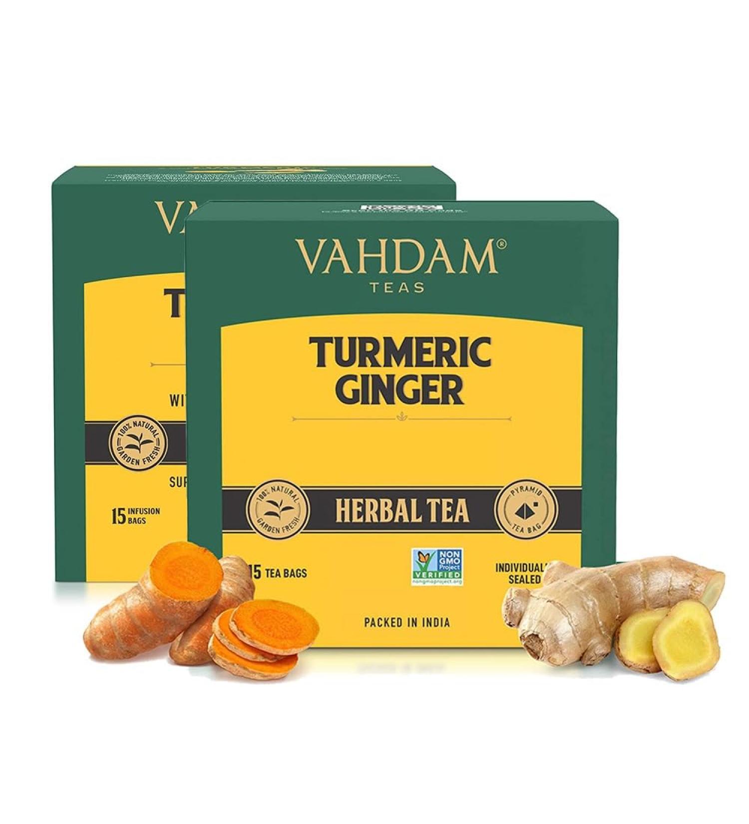 Vahdam Turmeric Ginger Herbal Tea Bags - Caffeine-Free 30 Count | Kurkuma & Fresh Spices | Brew Hot Iced or Kombucha | Authentic Indian Blend - Buy Online on SooperMarket.com