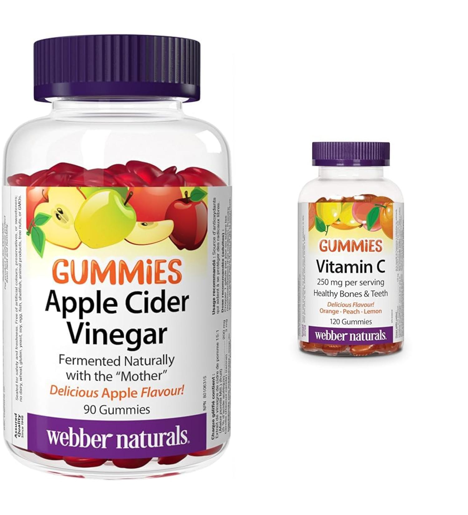Webber Naturals Apple Cider Vinegar Gummy 200 mg with The Mother 90 Gummies Antioxidants Support Vegan & Vitamin C Gummy 125 mg 120 Gummies For Bones Teeth Immune and Antioxidant Health Vegan SUPPLEMENT + VITAMIN 625273 - Buy Online on SooperMarket.com