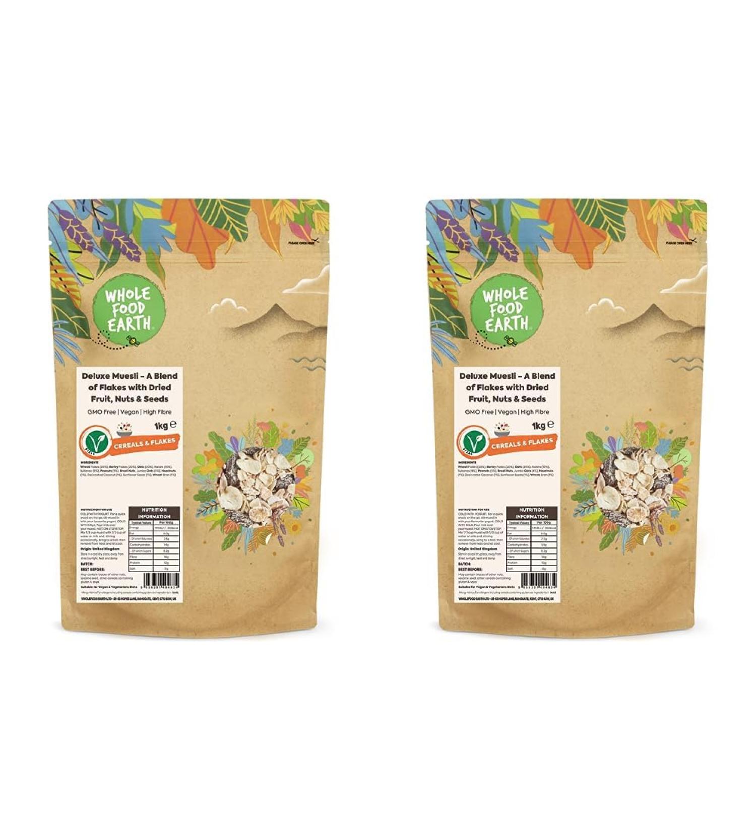 Wholefood Earth - Deluxe Muesli - A Blend of Flakes with Dried Fruit Nuts and Seeds 1 kg | GMO Free | Vegan | High Fibre (Pack of 2) Fruit 1kg (Pack of 2) - Buy Online on SooperMarket.com