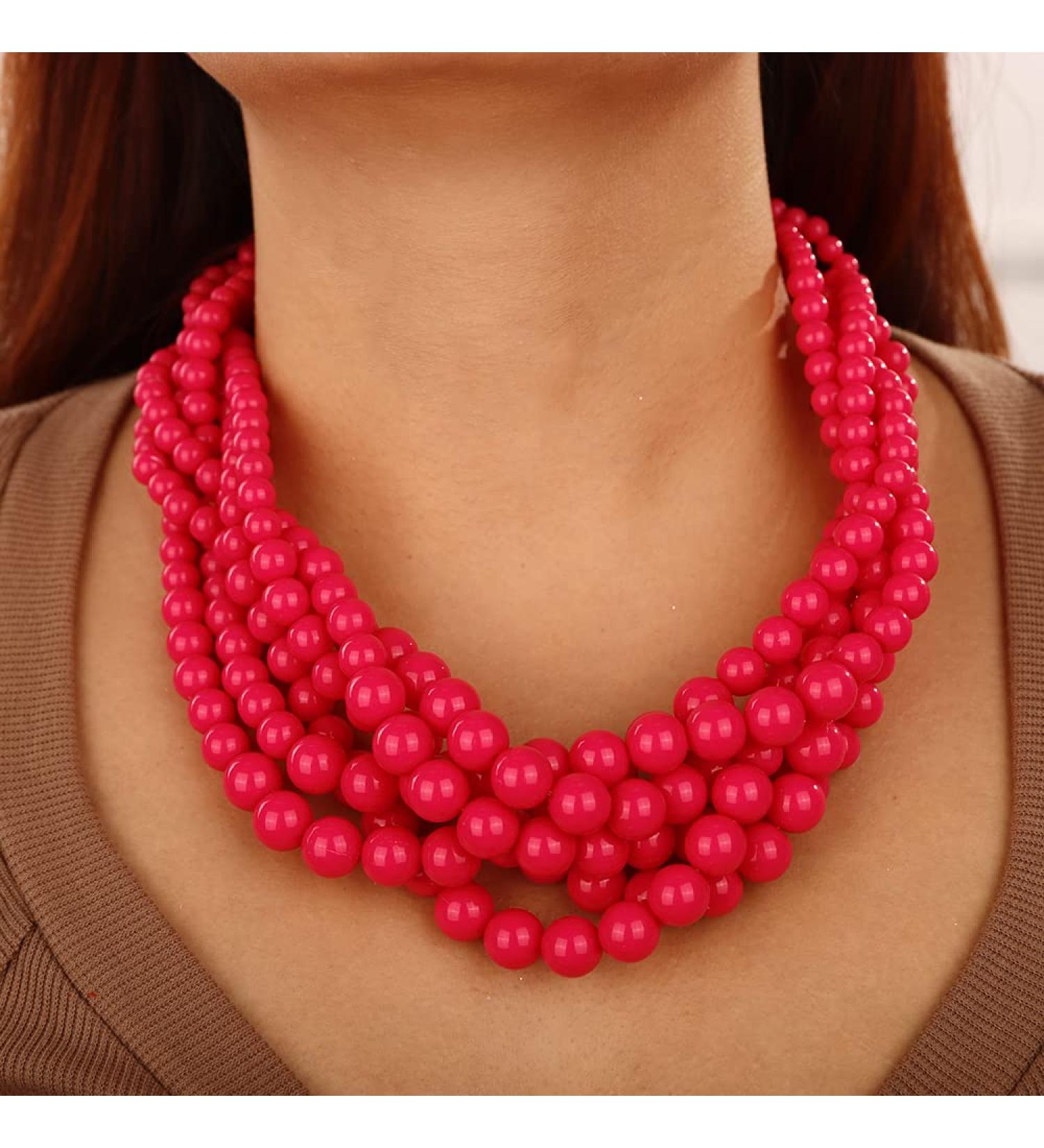 Shop Wiwpar Simulated Pearl Cluster Necklace Set | Multi Strand Twisted Pearl Jewelry - Pink Statement Bib Collar - Buy Online on SooperMarket.com