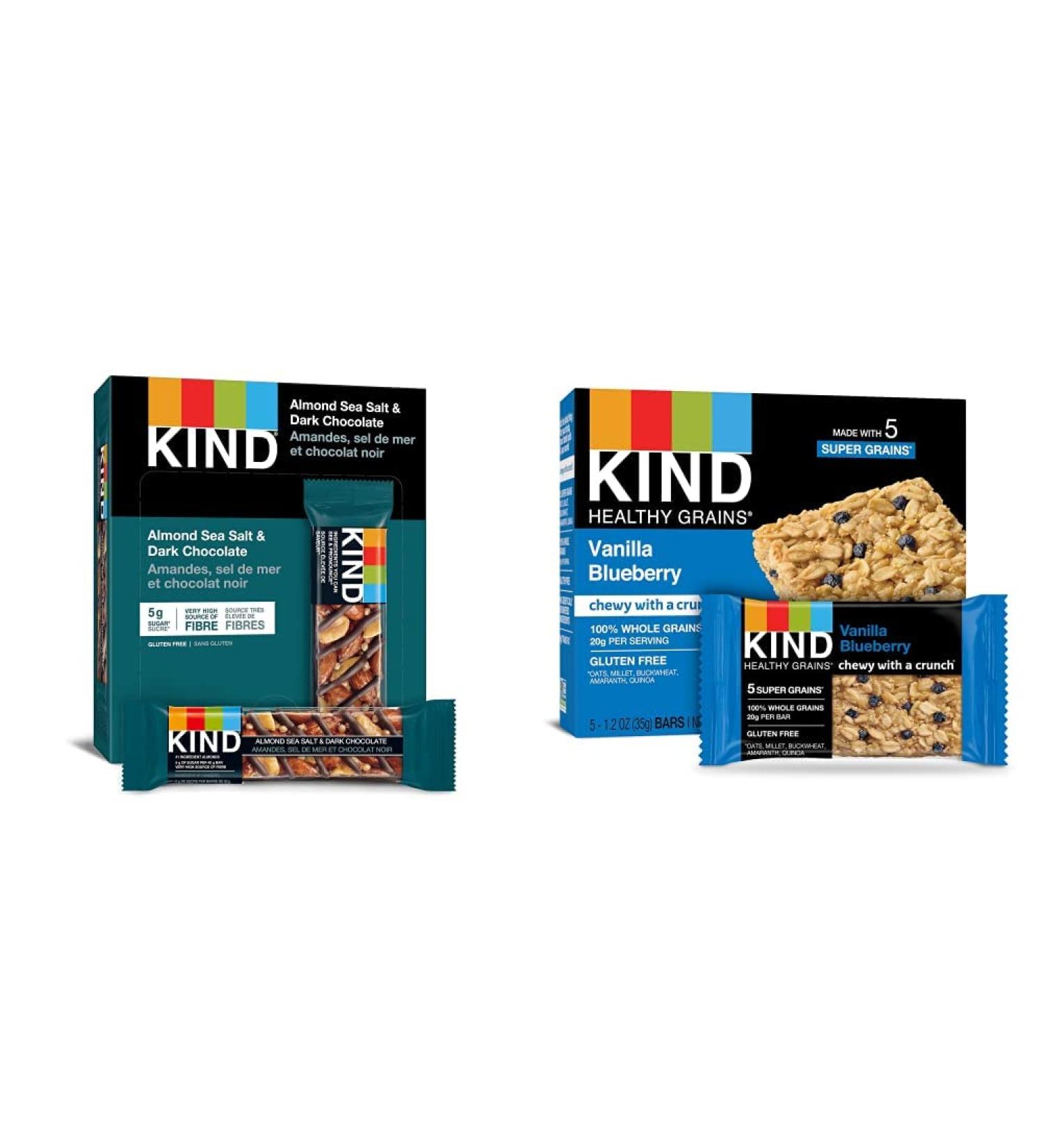 KIND Bars Dark Chocolate Nuts & Sea Salt Gluten Free Low Sugar 40 Grams 12 Count & Healthy Grains Bars Vanilla Blueberry Gluten Free 35 Grams 5 Count - Buy Online on SooperMarket.com