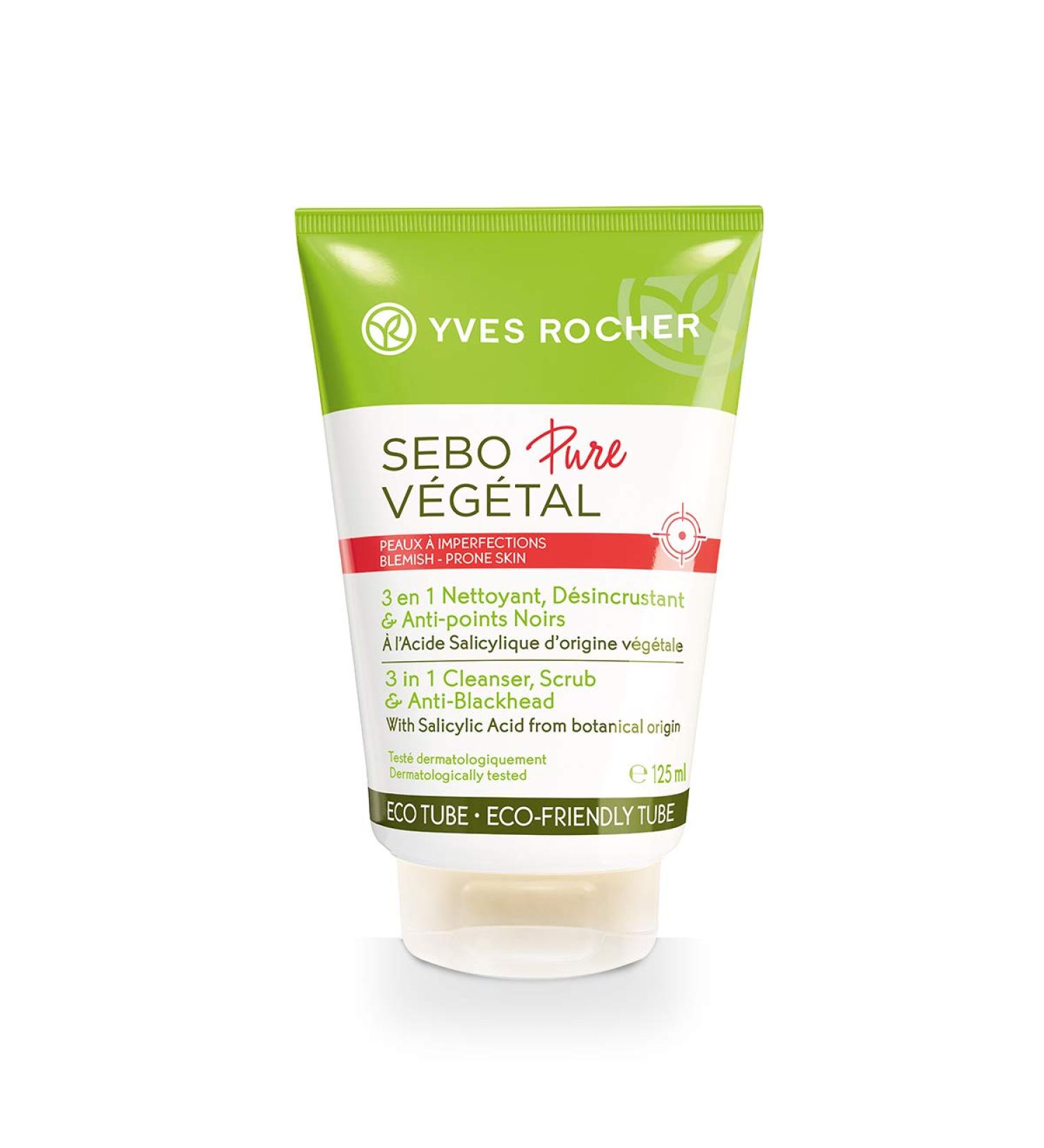 Yves Rocher Sebo Pure V g tal 3 in 1 Face Cleanser & Scrub with Salicylic Acid - Acne-Prone Skin Solution | 125ml - Buy Online on SooperMarket.com