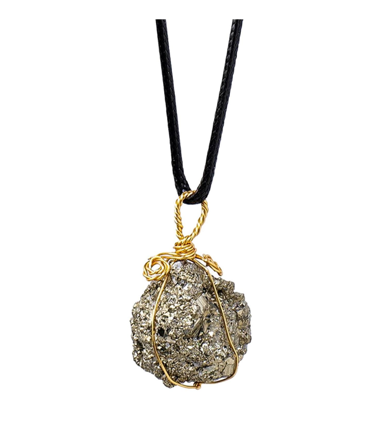 Pyrite Crystal Pendant - Natural Gold Wire Wrapped Raw Pyrite Necklace for Men Handmade Healing Gemstone Pendant Necklace with Black Macrame Cord Frifer - Buy Online on SooperMarket.com