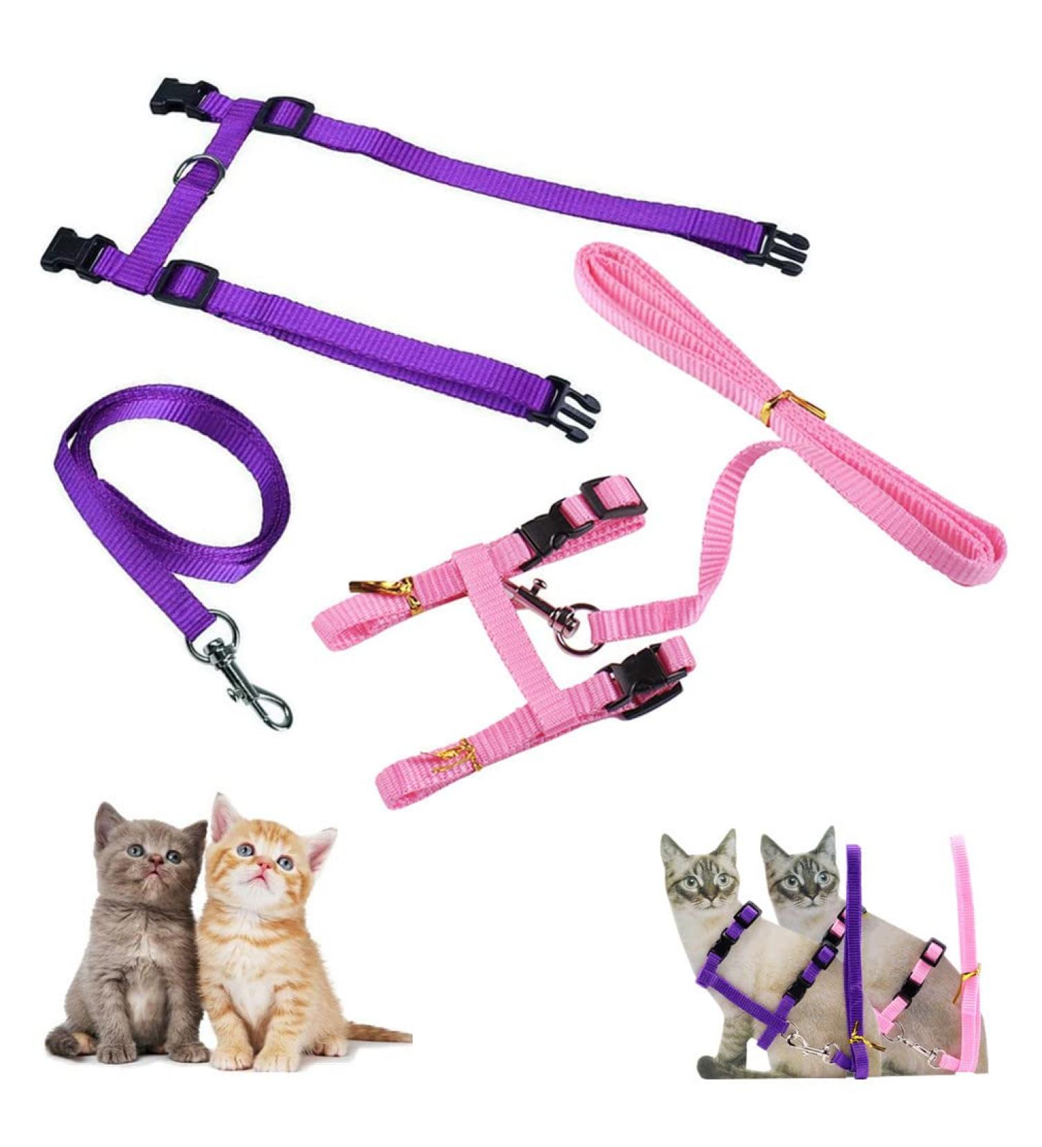 Morices 2 Pack Cat Harness and Leash Adjustable Comfortable Nylon Pet Strap Collar with Leash Escape Proof Safety Rope Leads Chest Strap for Kitten Puppy Rabbits Walking Training (Pink & Purple) Pink+Purple - Buy Online on SooperMarket.com