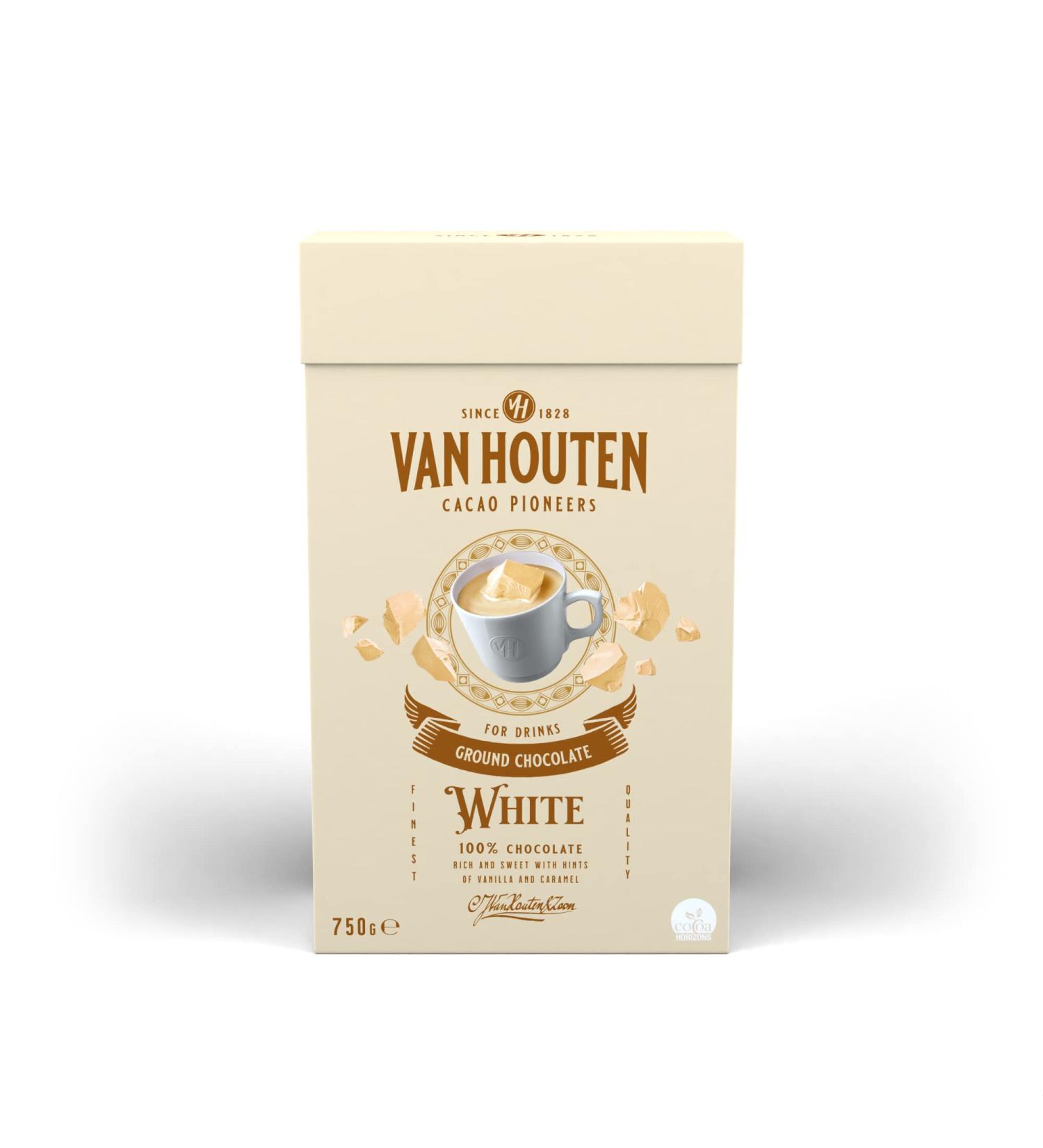 Van Houten GROUND WHITE Cocoa Chocolate Drink Powder 750 G - For Hot & Cold Drinks - Makes 22 Servings - Rich and Sweet with Hints of Vanilla and Caramel - Vegetarian Non-GMO - Buy Online on SooperMarket.com
