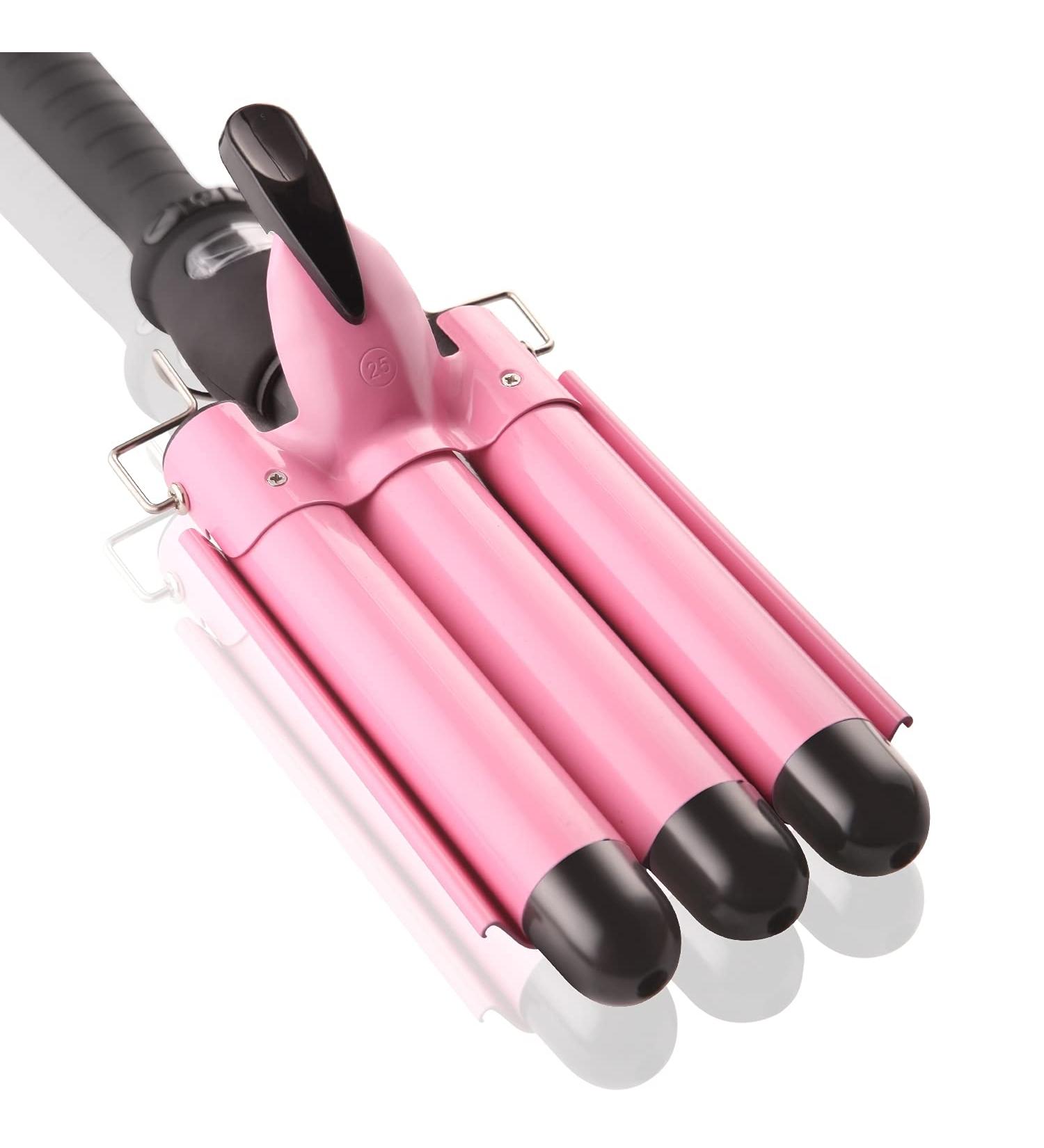 1 Inch Pink 3 Barrel Curling Iron Wand with LCD Display - Ceramic Tourmaline, Dual Voltage Hair Crimper for Waves, Adjustable Temperature, Portable and Quick Heating - Buy Online on SooperMarket.com