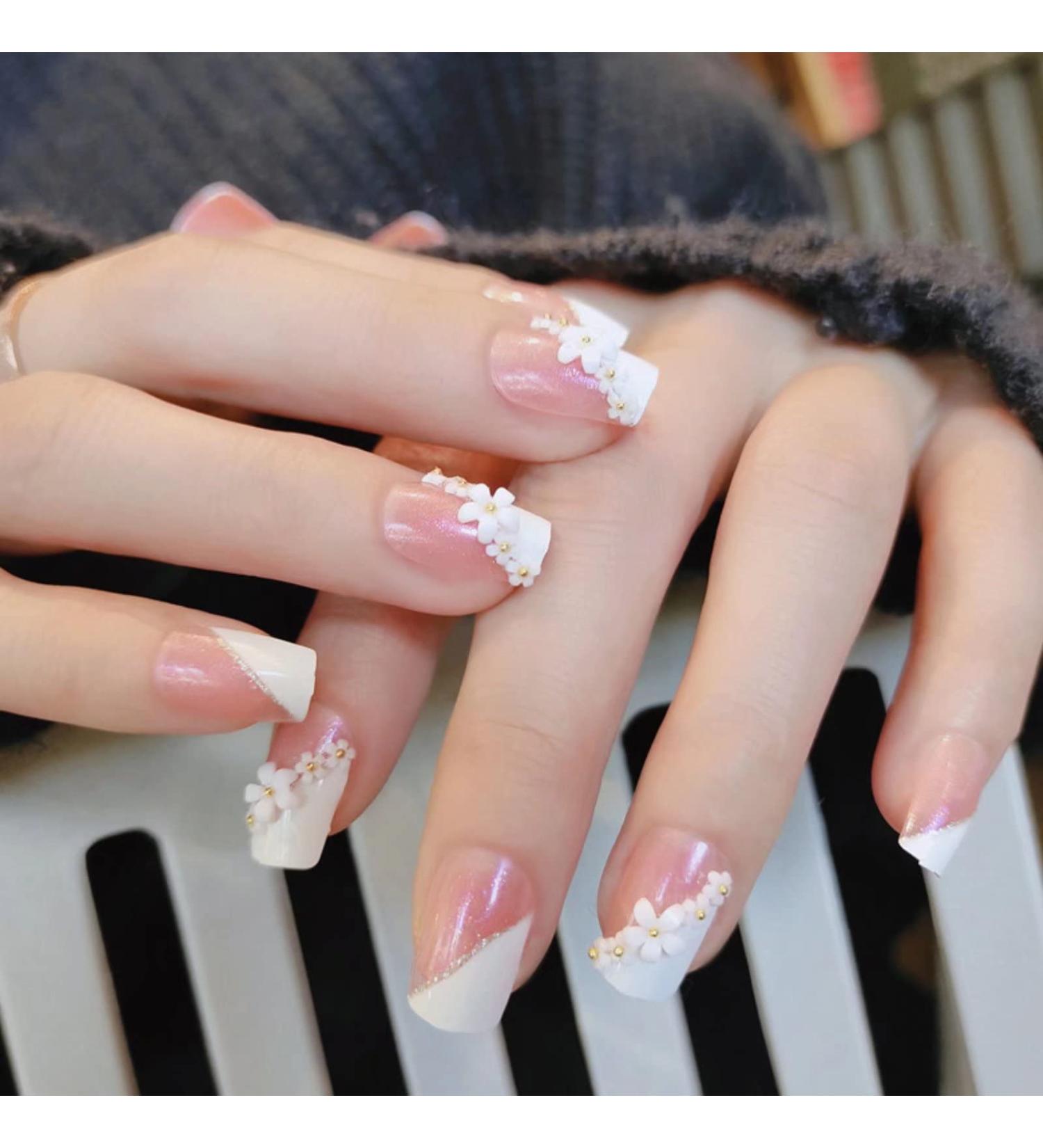 Splicing Flower French Press on Nails with Sequins Charms - Fake Nails for Women | Full Cover Coffin Spring Summer - Buy Online on SooperMarket.com