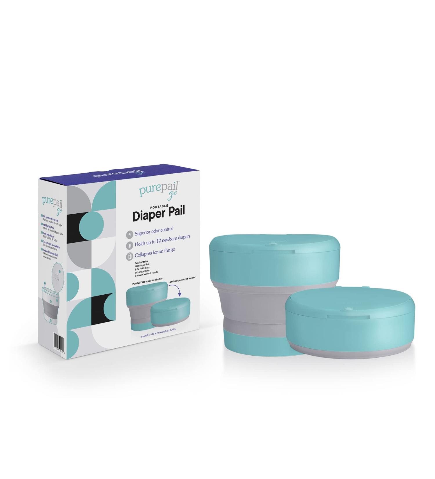 PurePail Go Portable Diaper Pail Aqua - Odor Control, No Fragrance, Collapsible for On-The-Go, Compact - Buy Online on SooperMarket.com