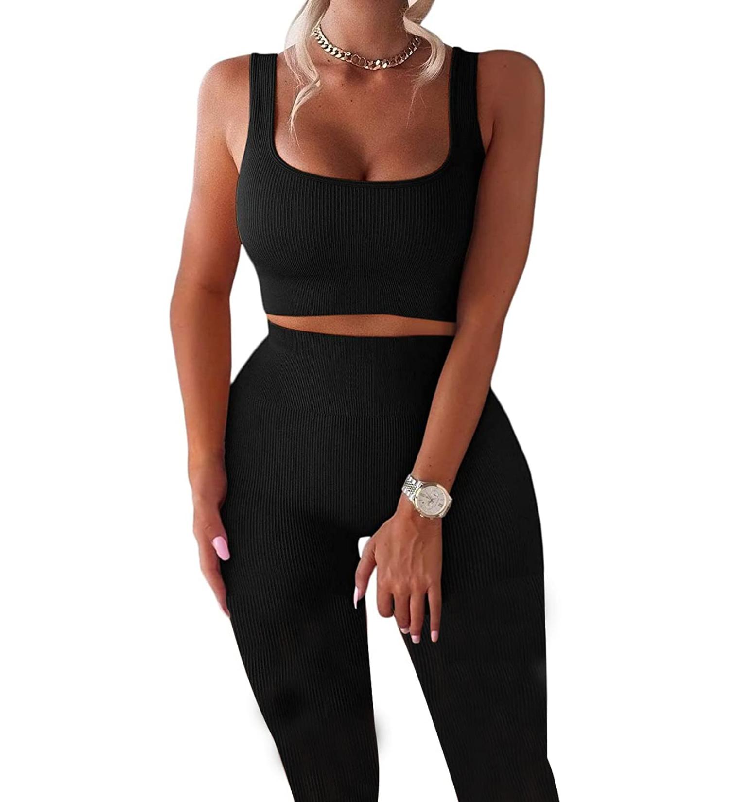 TWFRHC Women's Ribbed Tank Seamless Gym Set - High Waist Yoga Shorts - Black - Large - Buy Online on SooperMarket.com