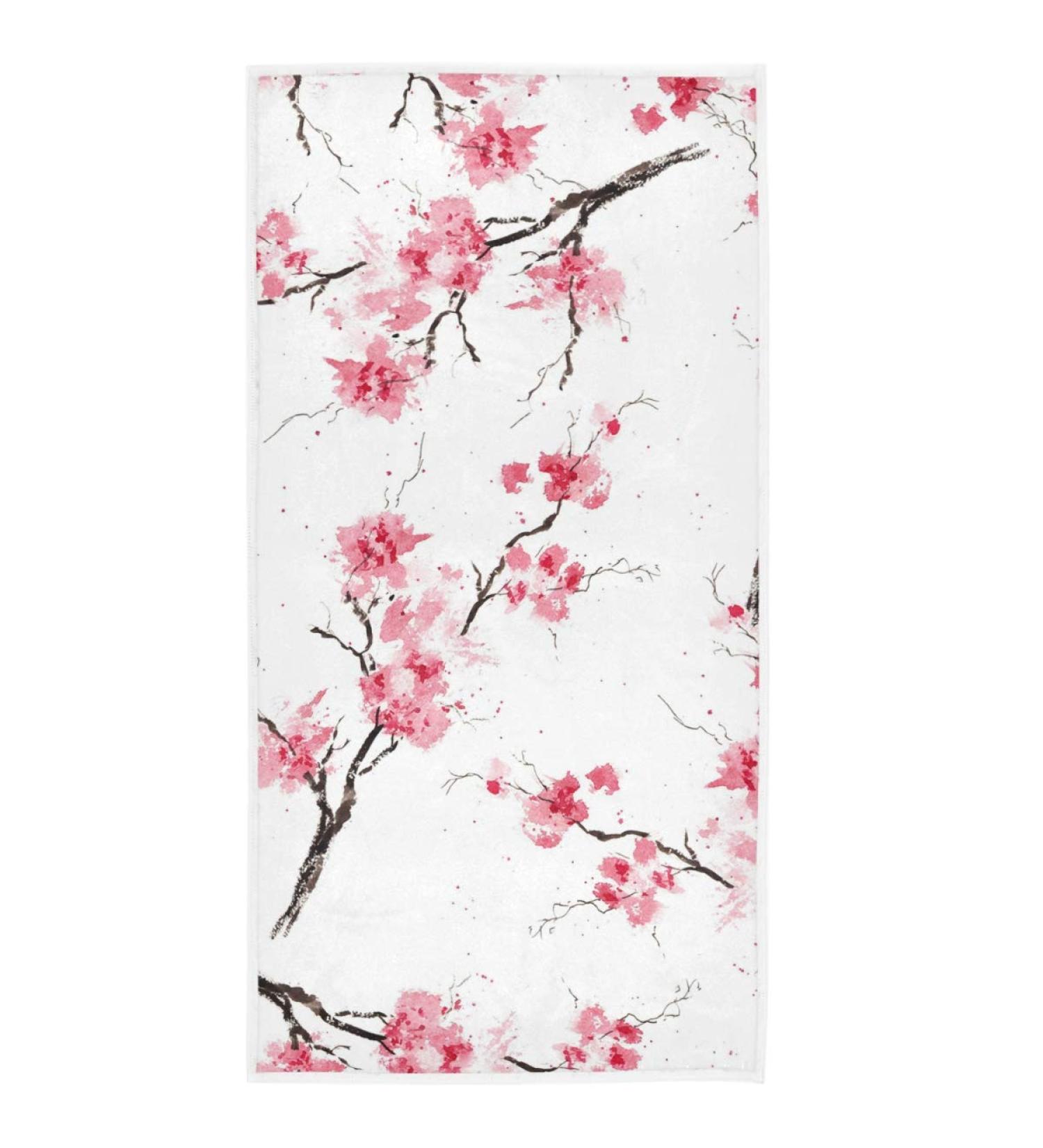 Pfrewn Cherry Blossoms Hand Towel 16x30 | Watercolor Pink Sakura Branch Bathroom Towel - Buy Online on SooperMarket.com