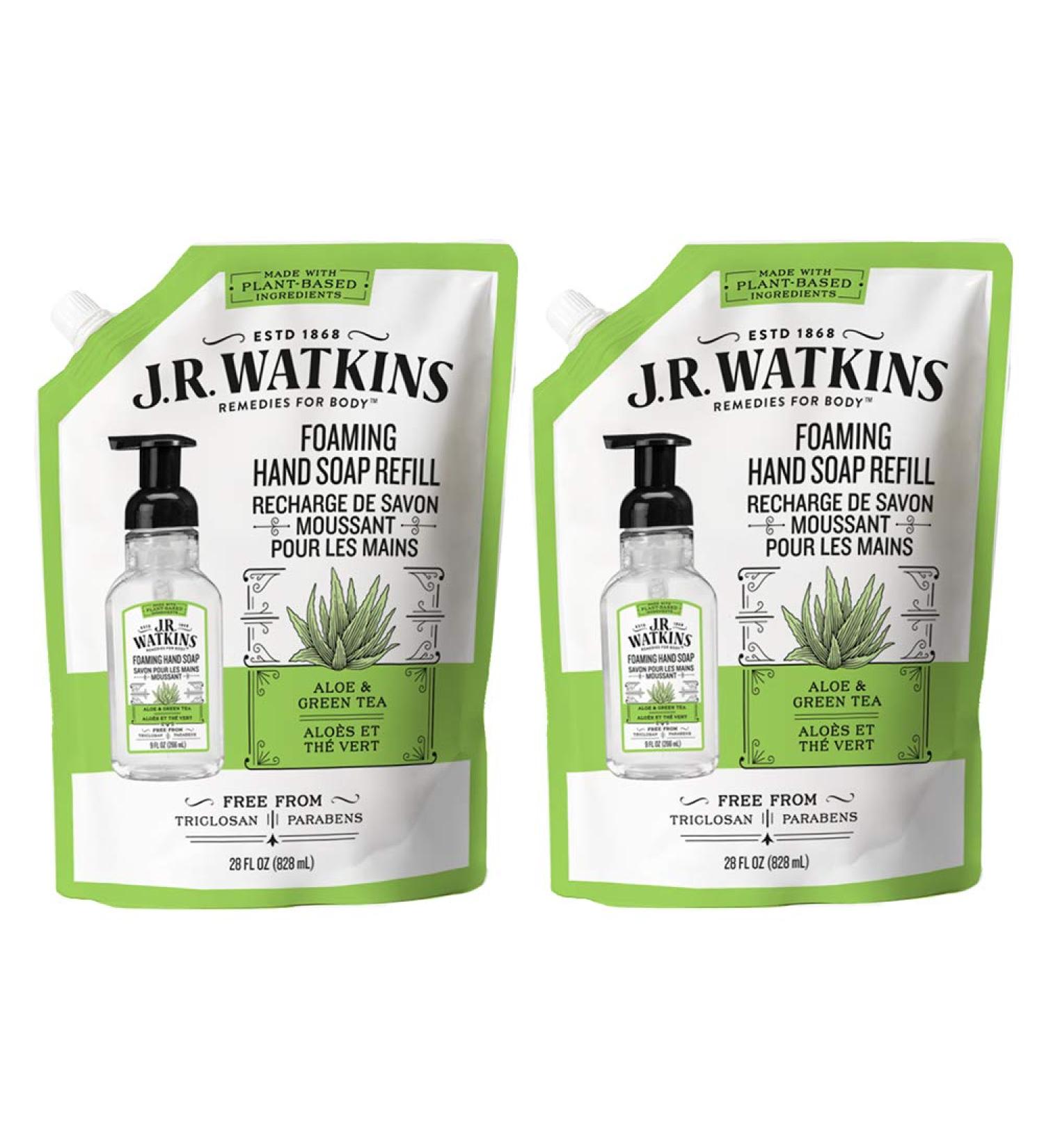 J.R. Watkins Foaming Hand Soap Refill Pouch - 2 Pack Aloe & Green Tea 28 fl oz - USA Made, Cruelty Free - for Bathroom or Kitchen - Buy Online on SooperMarket.com
