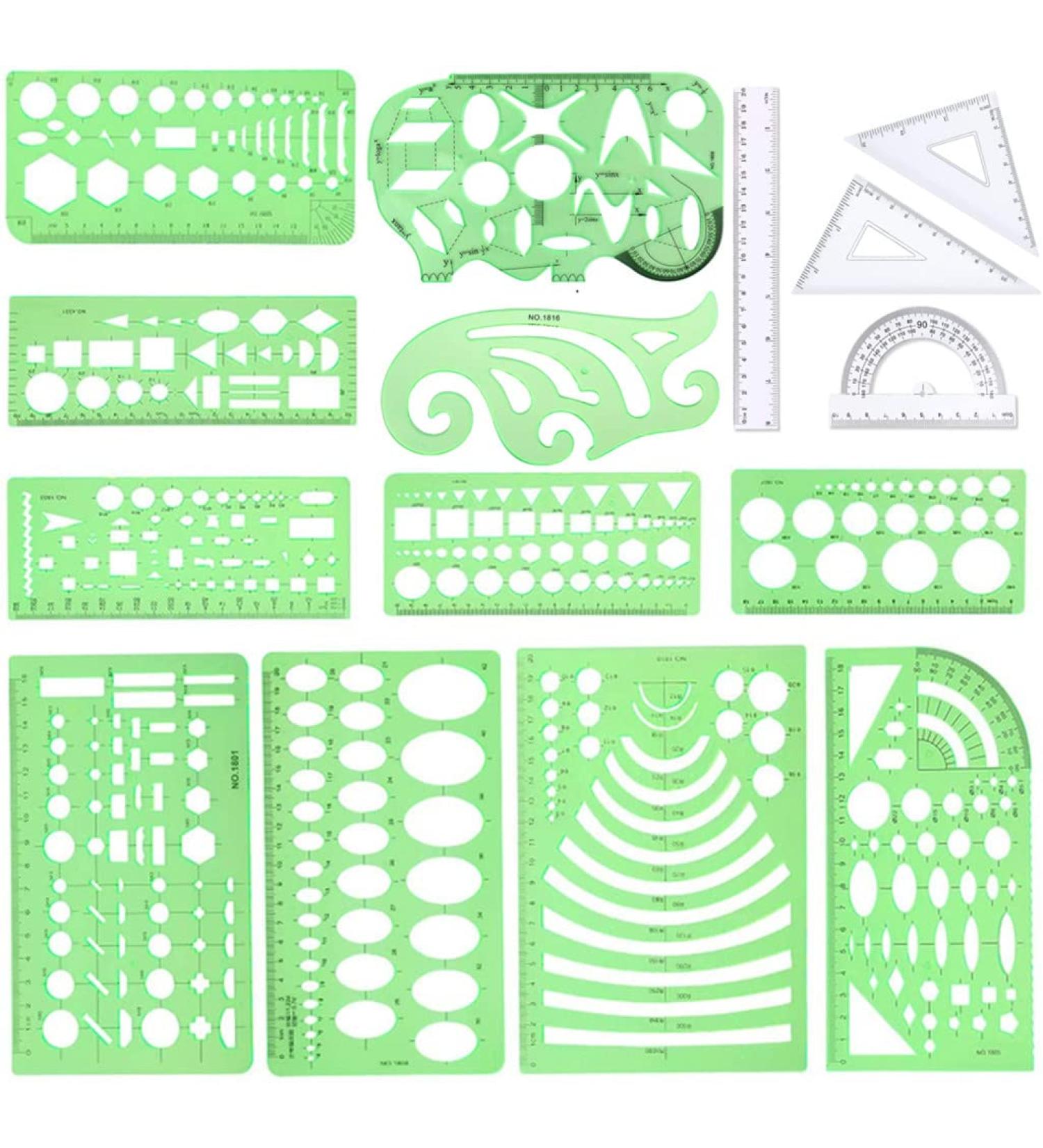 CFTfabMS 15Pcs Geometric Stencils Drawing Templates with Geometry Set - Circle, Curve, Shape Stencils with Case - Drafting Tools for Drawing Design School - Buy Online on SooperMarket.com