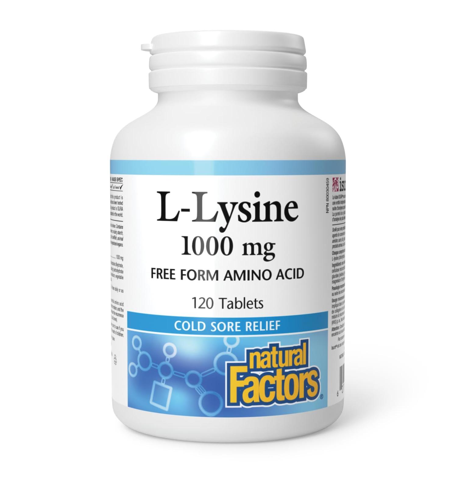 Natural Factors L-Lysine 1000mg 120 tablets Double Strength Formula Reduces the Recurrence Severity and Healing Time of Cold Sores - Buy Online on SooperMarket.com